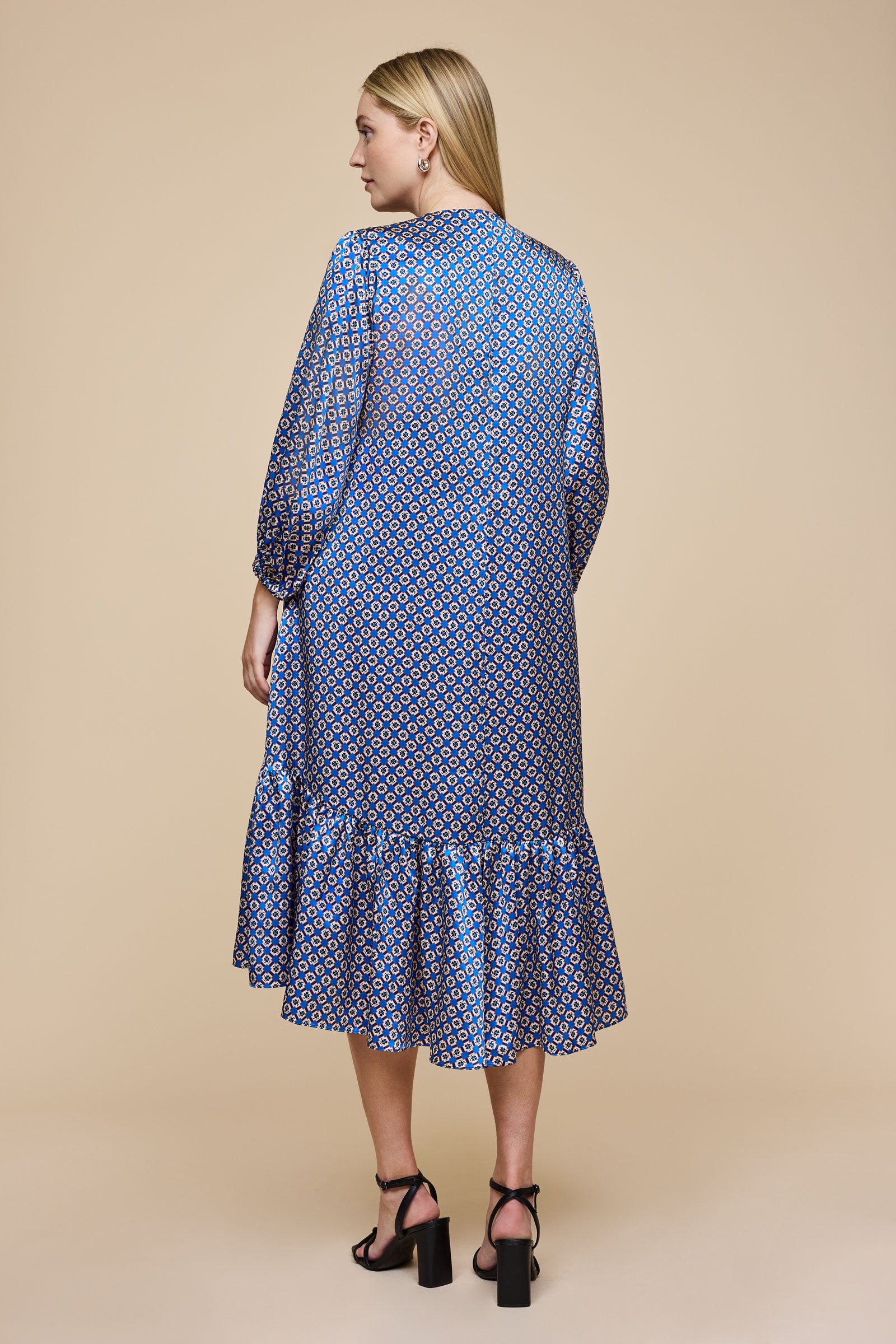 Blue Satin V-Neck Midi Dress