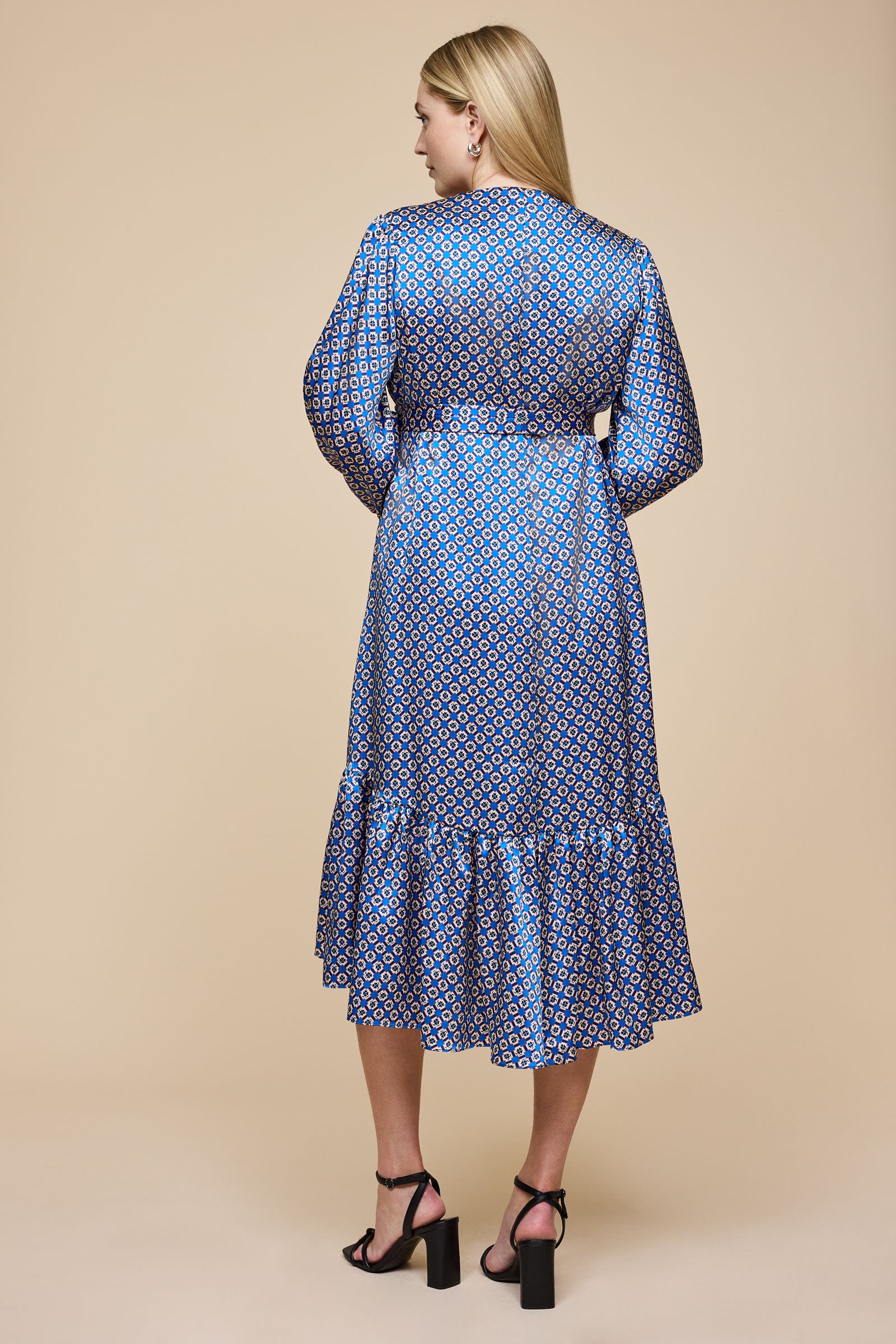 Blue Satin V-Neck Midi Dress