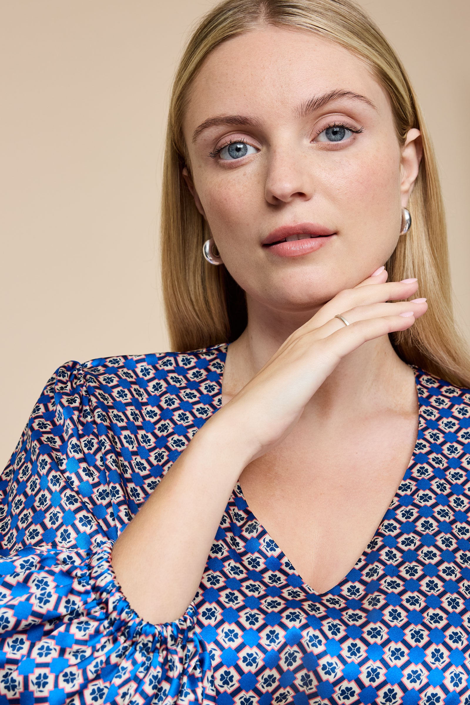 Blue Satin V-Neck Midi Dress