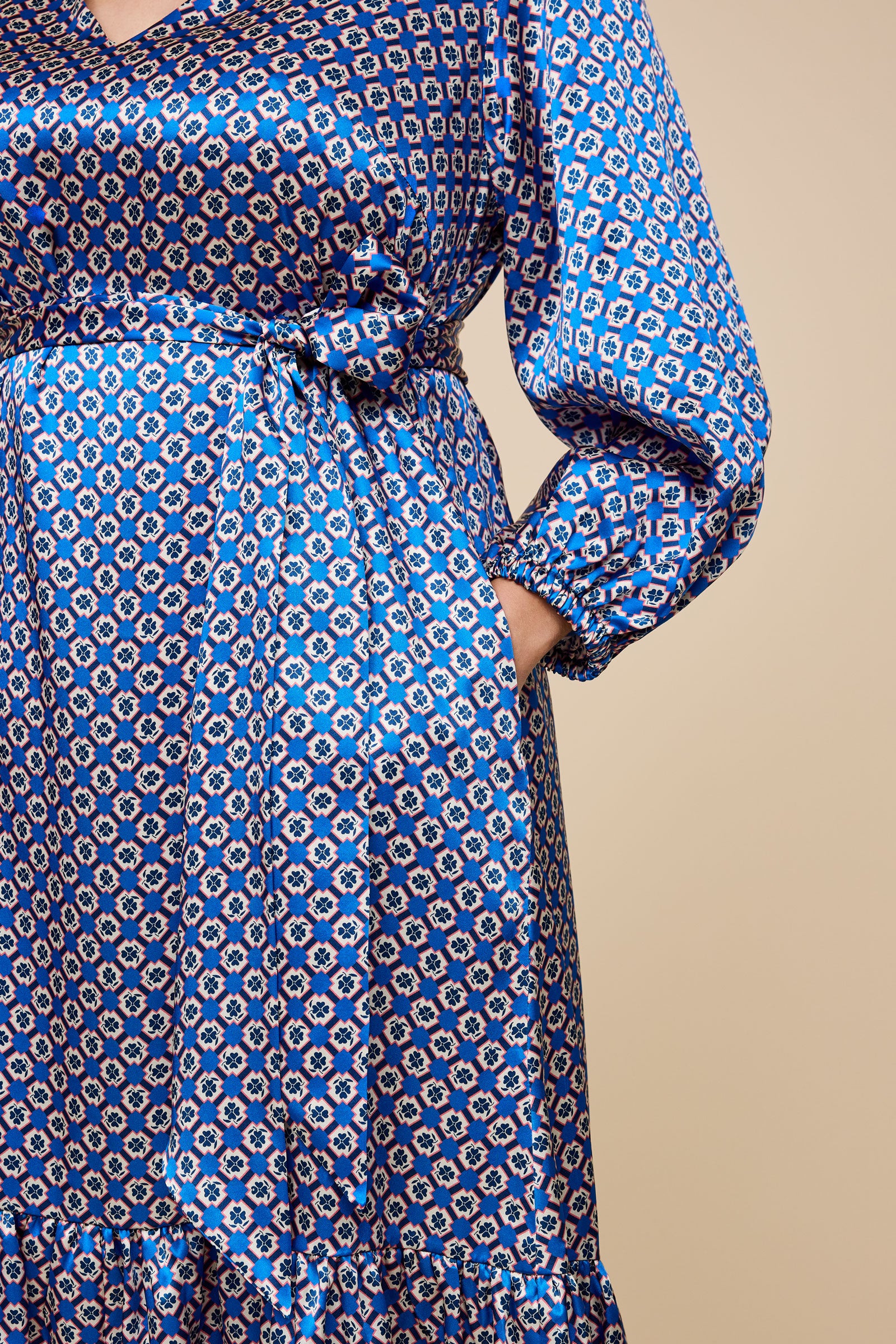 Blue Satin V-Neck Midi Dress