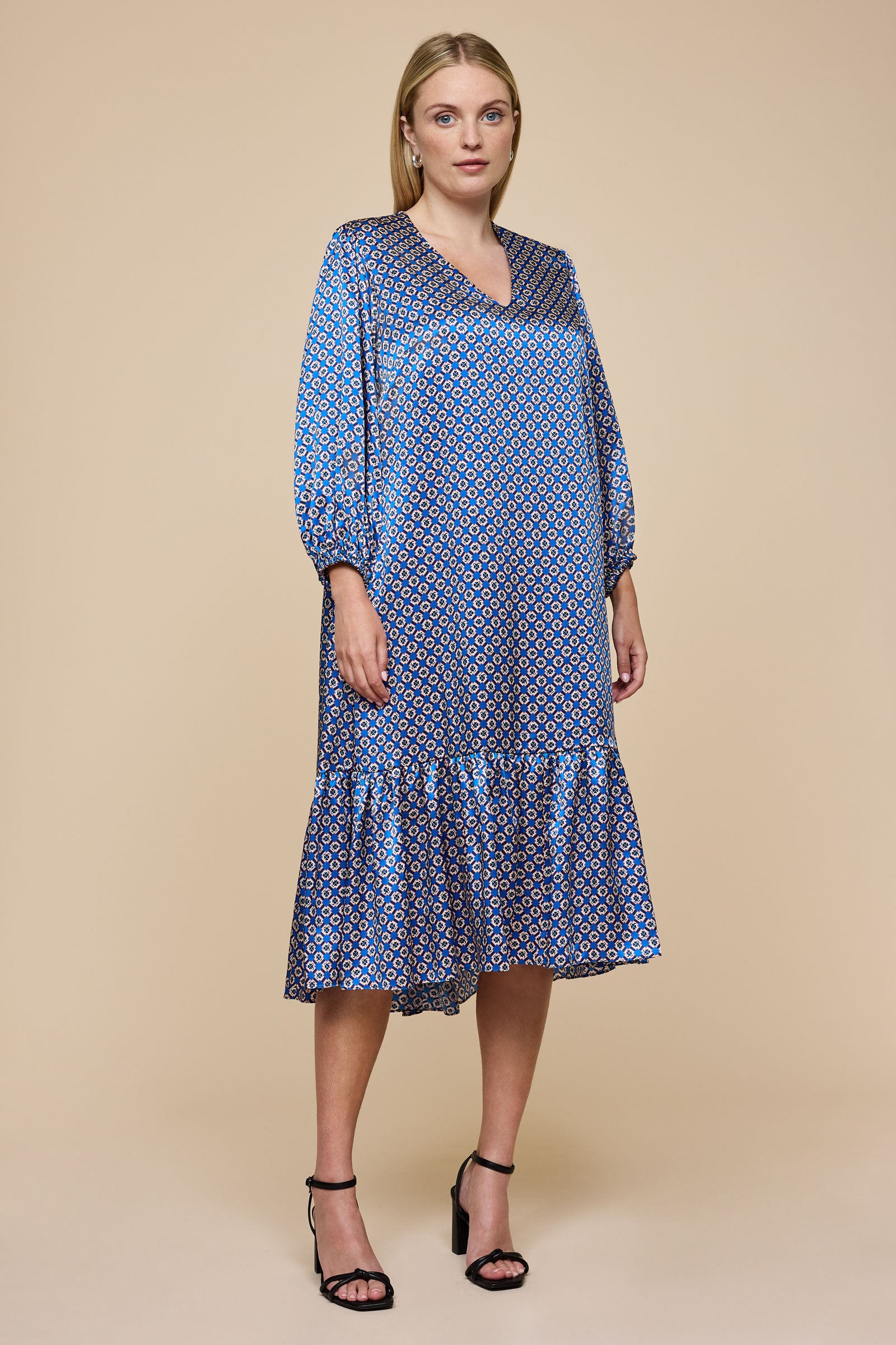 Blue Satin V-Neck Midi Dress