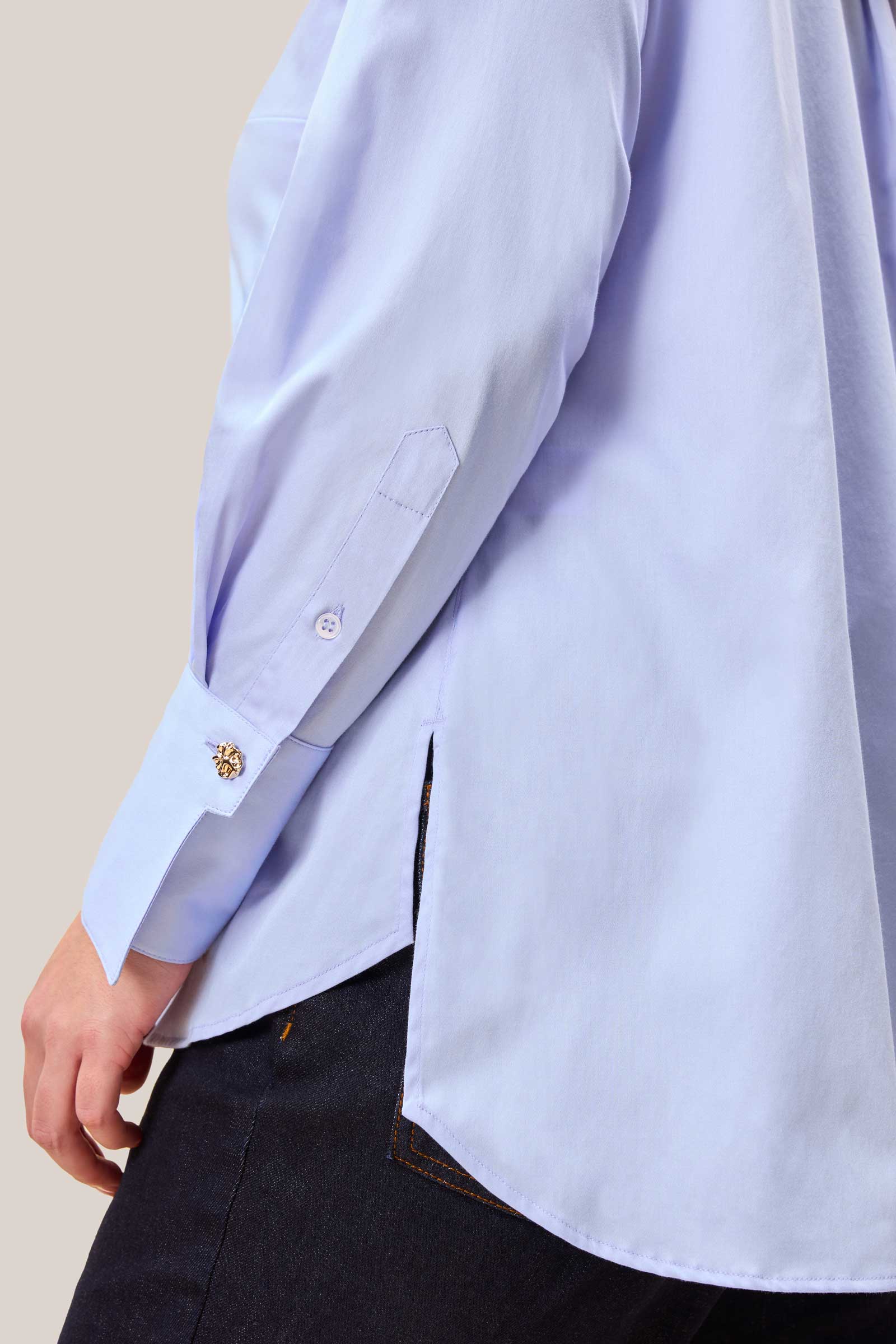 Gold cuff button on blue stretch cotton sateen shirt for women – The Hour
