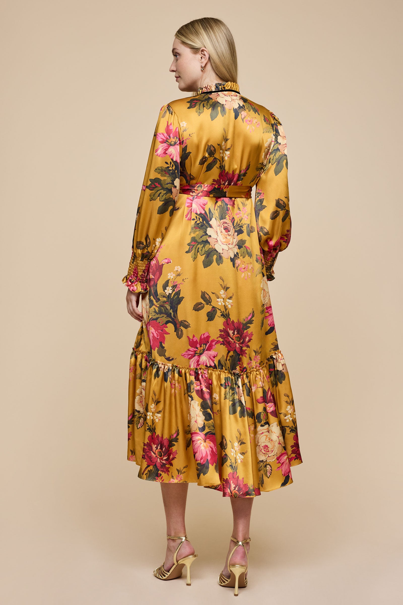 Kristina Gold Silk Midi Dress belted