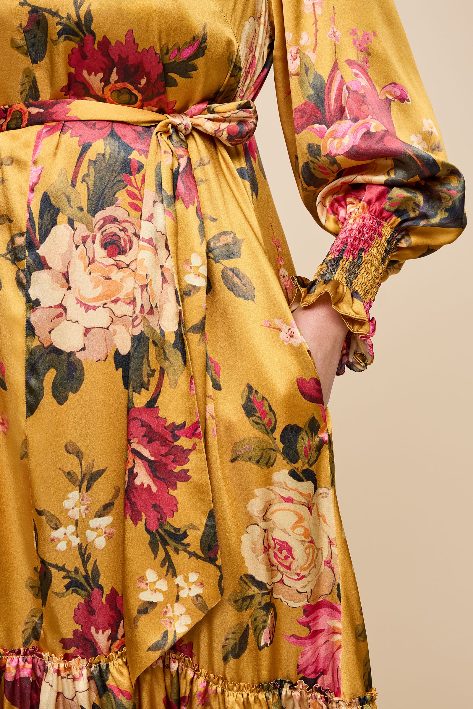 Kristina Gold Silk Midi Dress shirred cuff