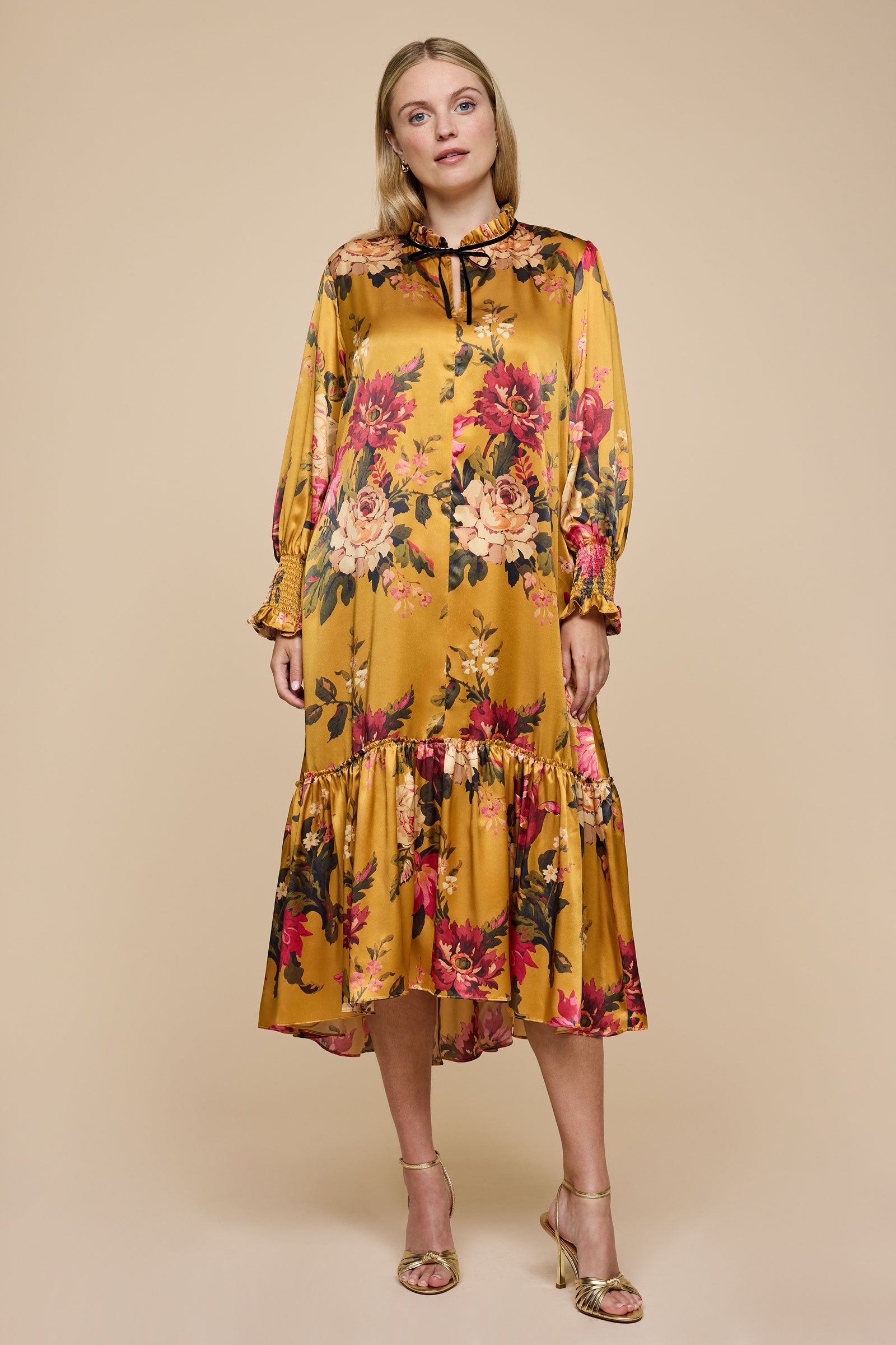 Kristina Gold Silk Midi Dress front