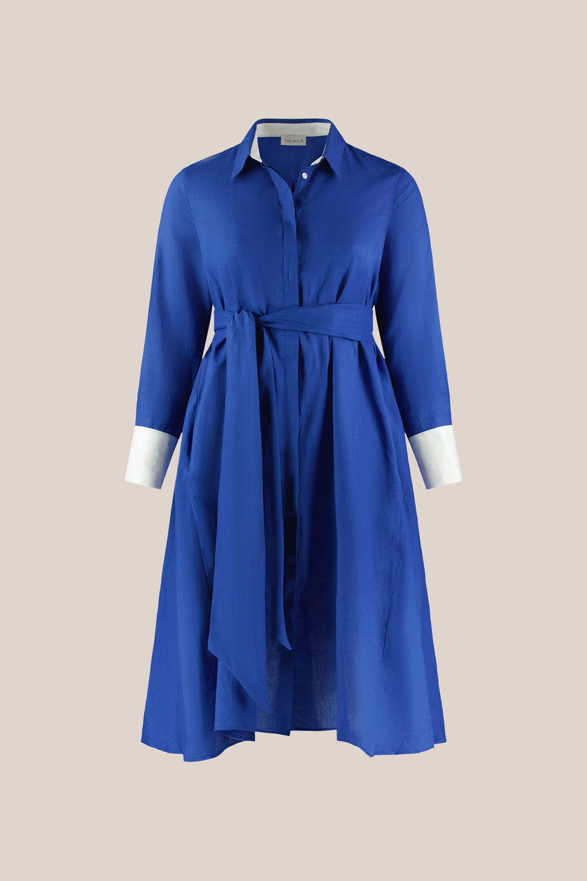 Linen Shirt Dress in Royal Blue with white details Plus-size by THE HOUR