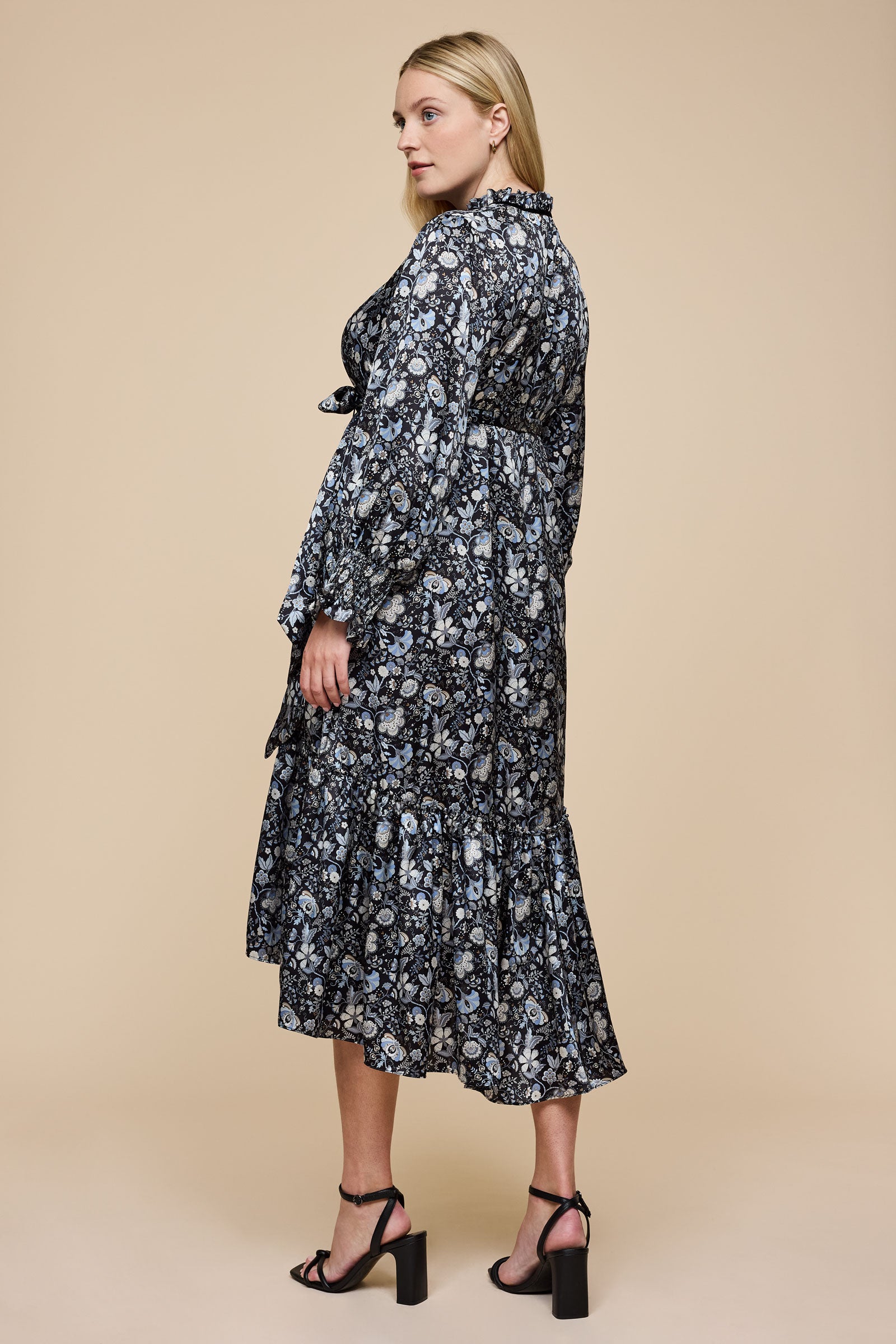 Mabelle Hall Black Silk Midi Dress Plus-size THE HOUR belted