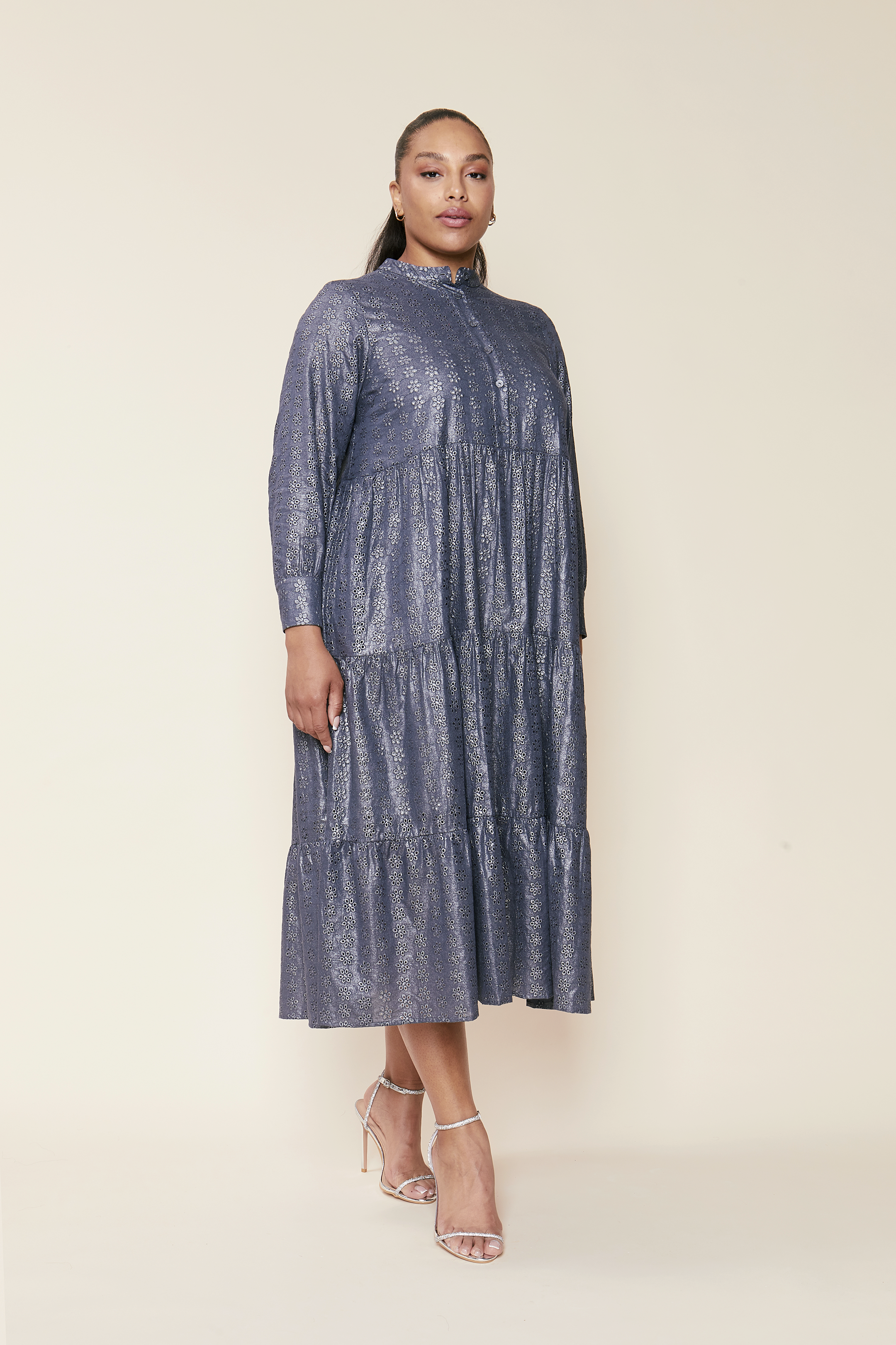 Metallic Tiered Broderie Anglaise Dress MAXI, Plus-size. THE HOUR