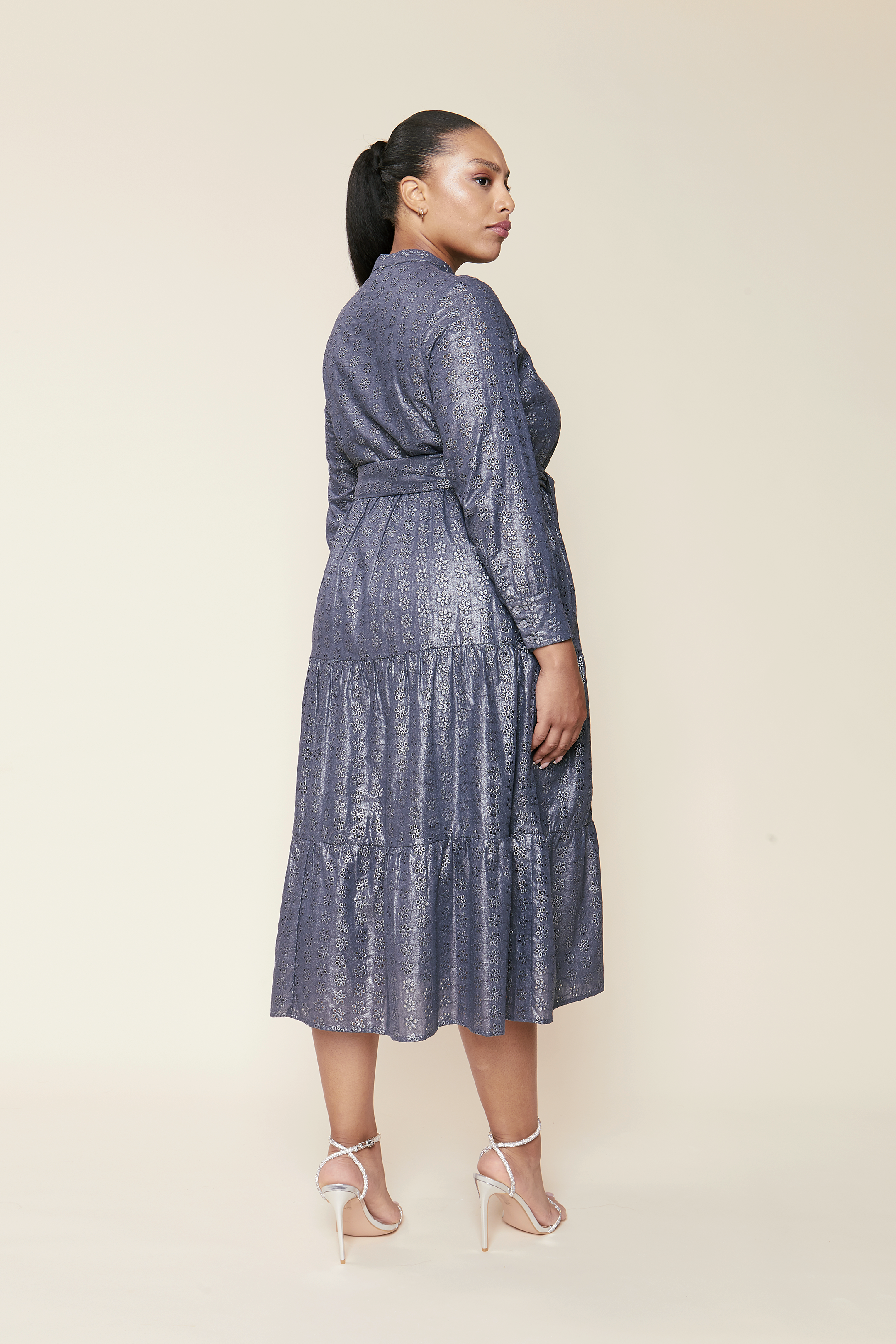 Metallic Tiered Broderie Anglaise Dress MAXI, from the back,Plus-size. THE HOUR