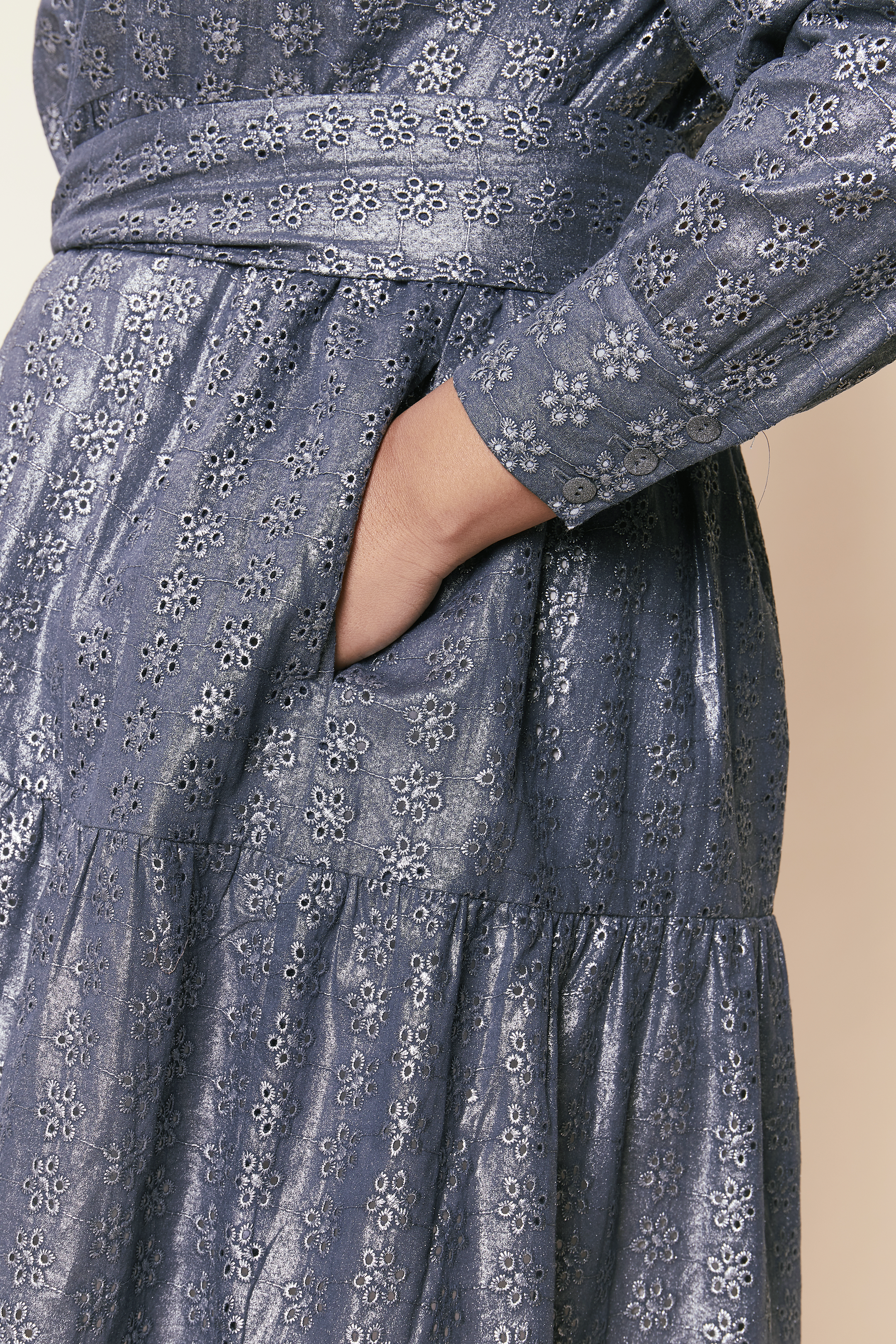 Metallic Tiered Broderie Anglaise Dress MAXI with pockets, Plus-size. THE HOUR