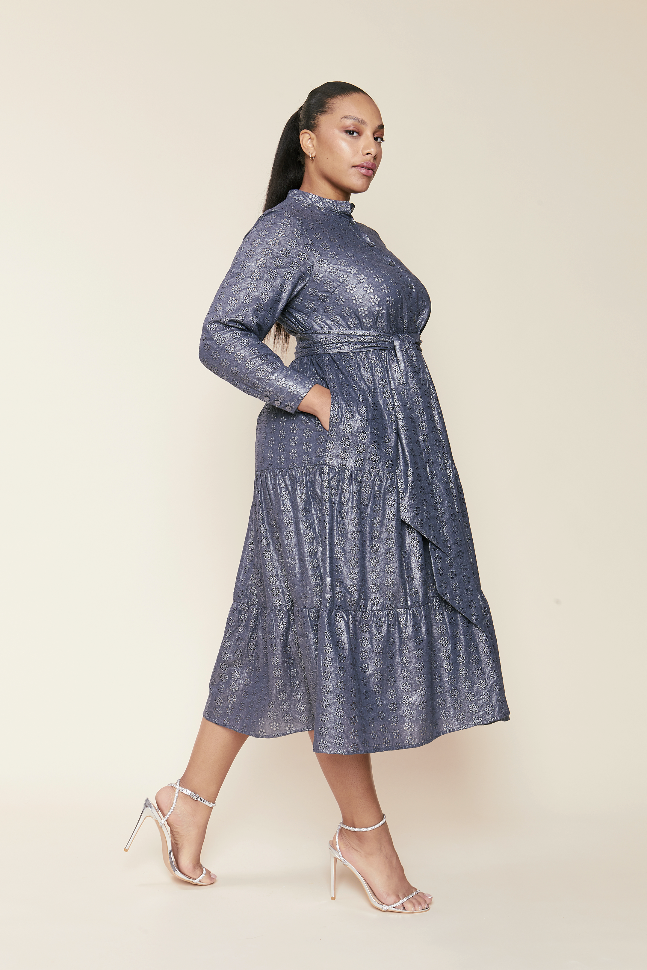 Metallic Tiered Broderie Anglaise Dress, belted, MAXI, Plus-size. THE HOUR