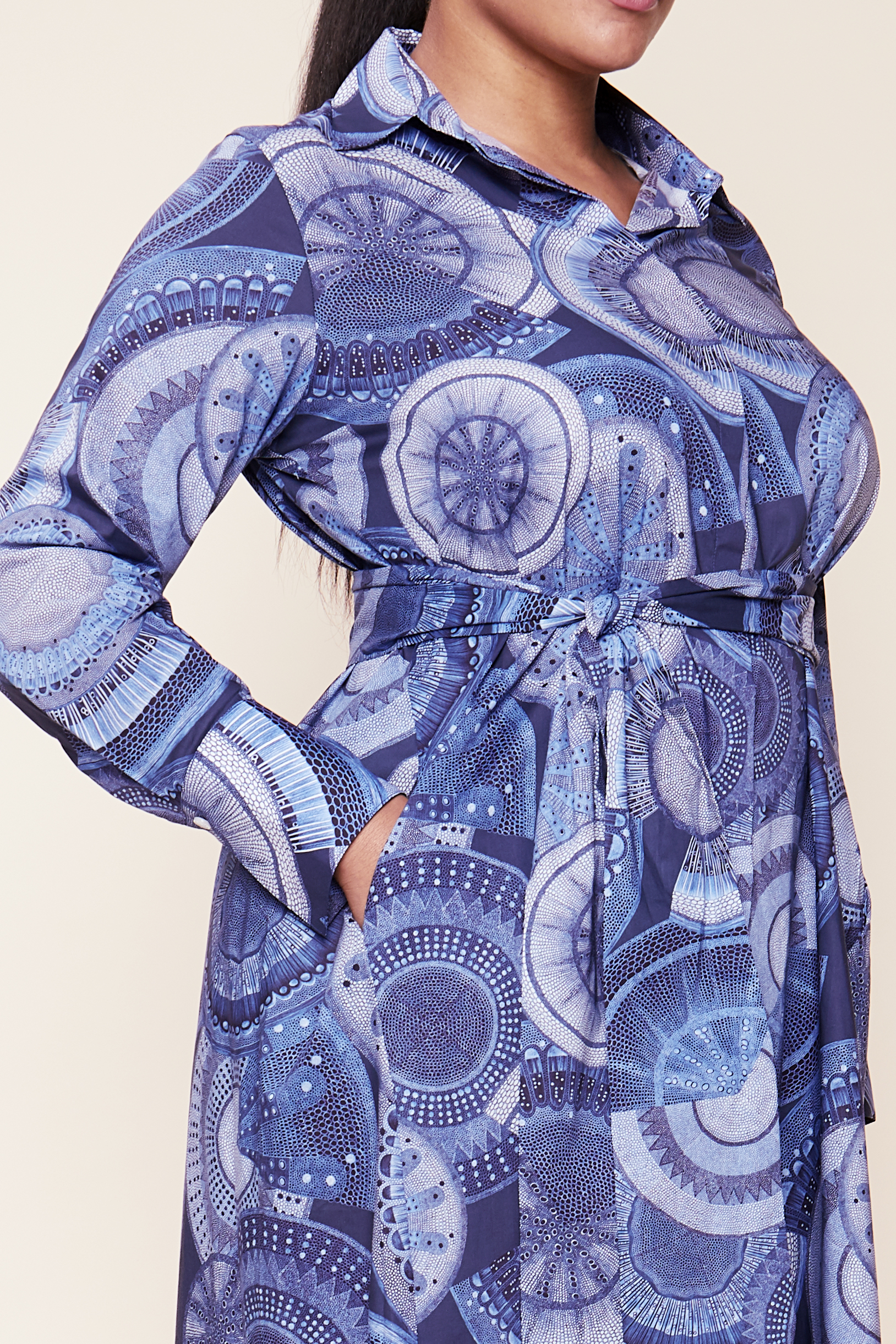 Navy Prinr Cotton Shirt Dress Belted Plus-size THE HOUR