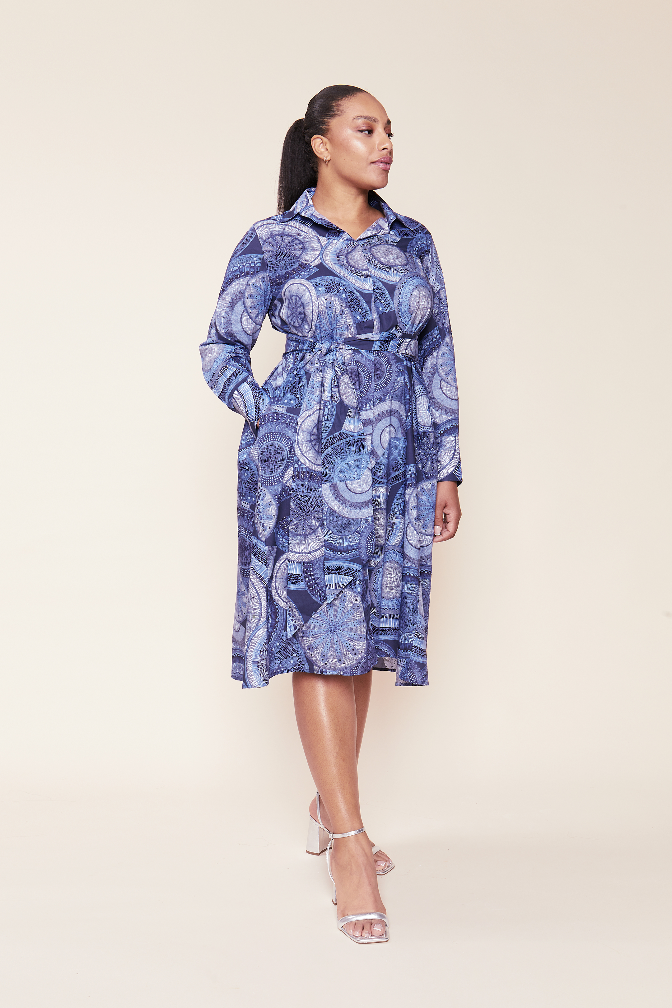 Navy Liberty Fabric Microscopic Flora Cotton Shirt Dress Plus-size THE HOUR