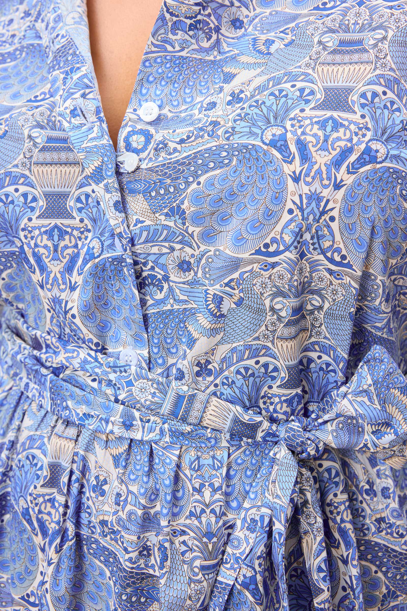 Peacock print close-up – Liberty Tana Lawn cotton dress