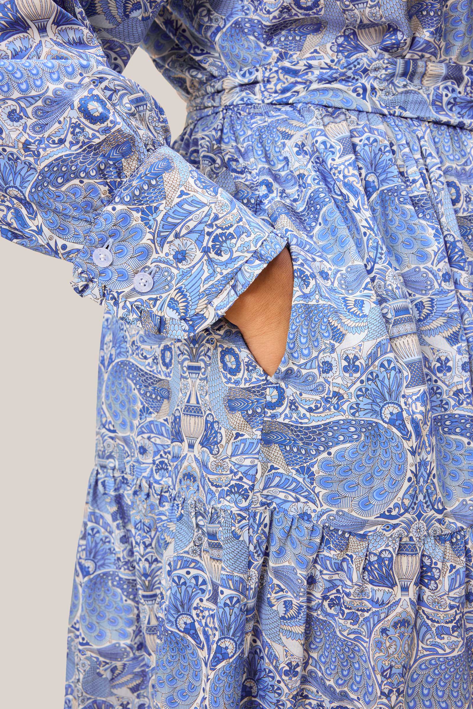 Close-up of pocket and sleeve button detail on Liberty print maxi dress
