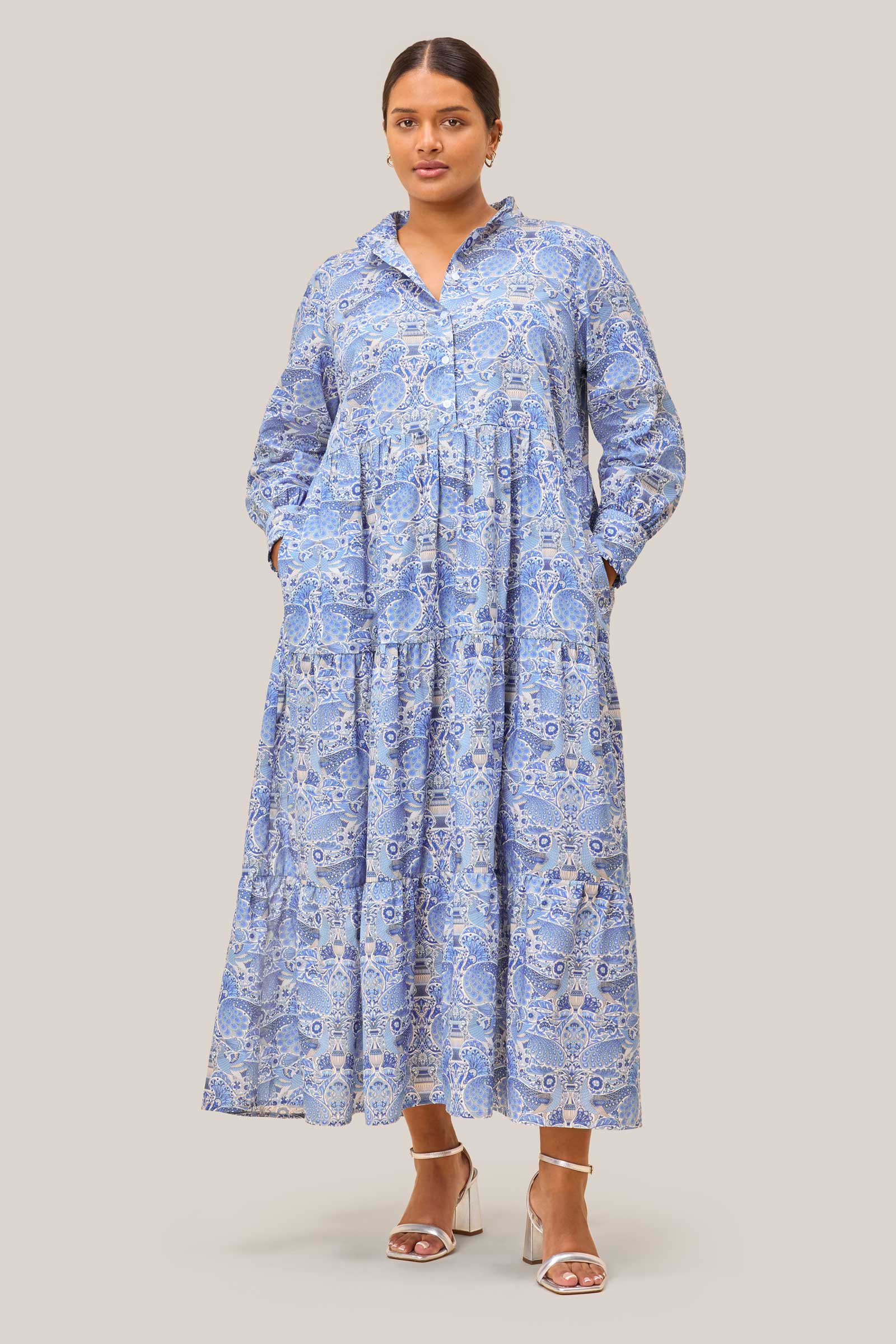 Front full-length view of Oscars Palace dress in Liberty cotton on plus size model