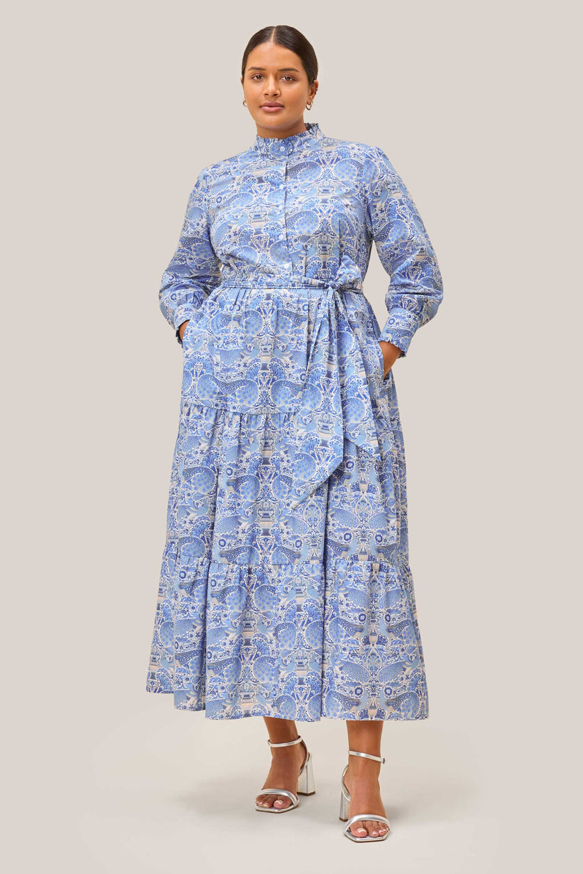 Frontal pose showing entire silhouette of blue Liberty print maxi dress with tie waist
Plus size THE HOUR