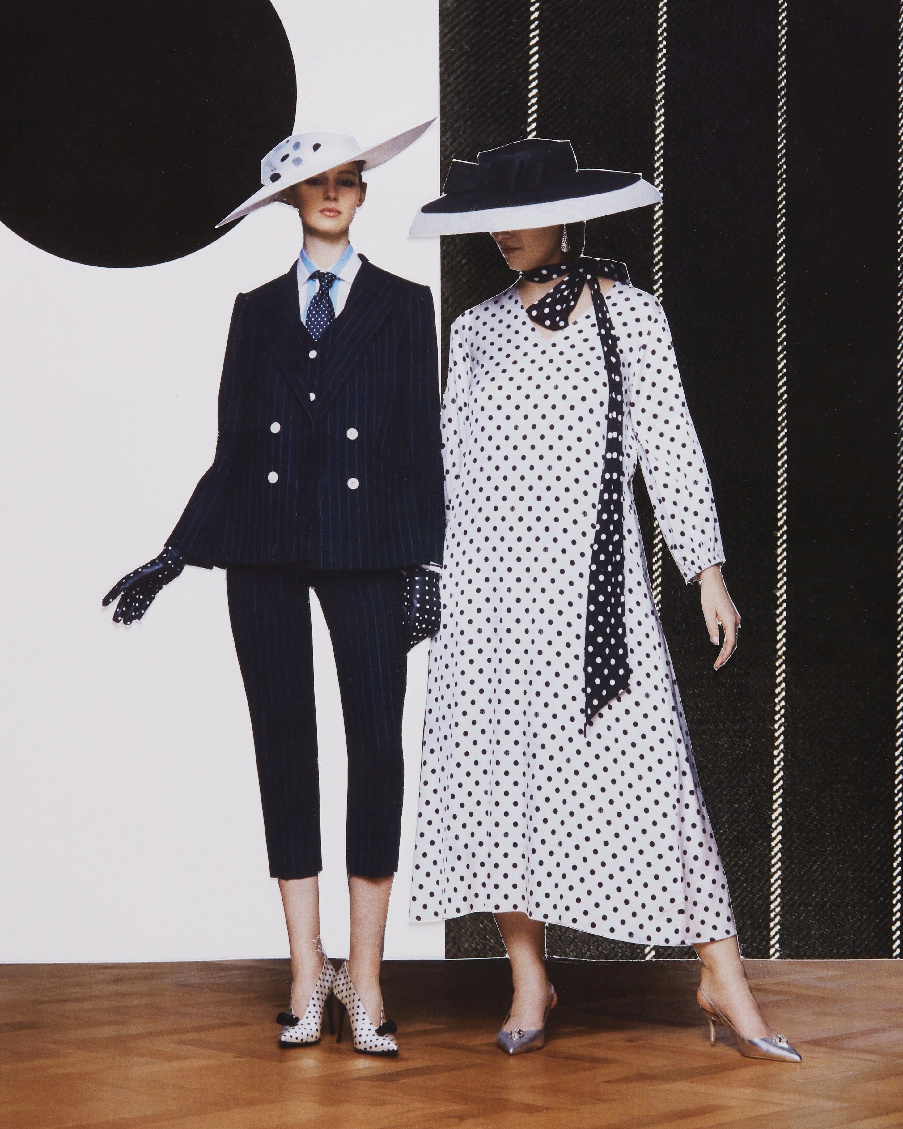 Model wearing THE HOUR white polka dot midi dress styled for Royal Ascot or summer occasions.