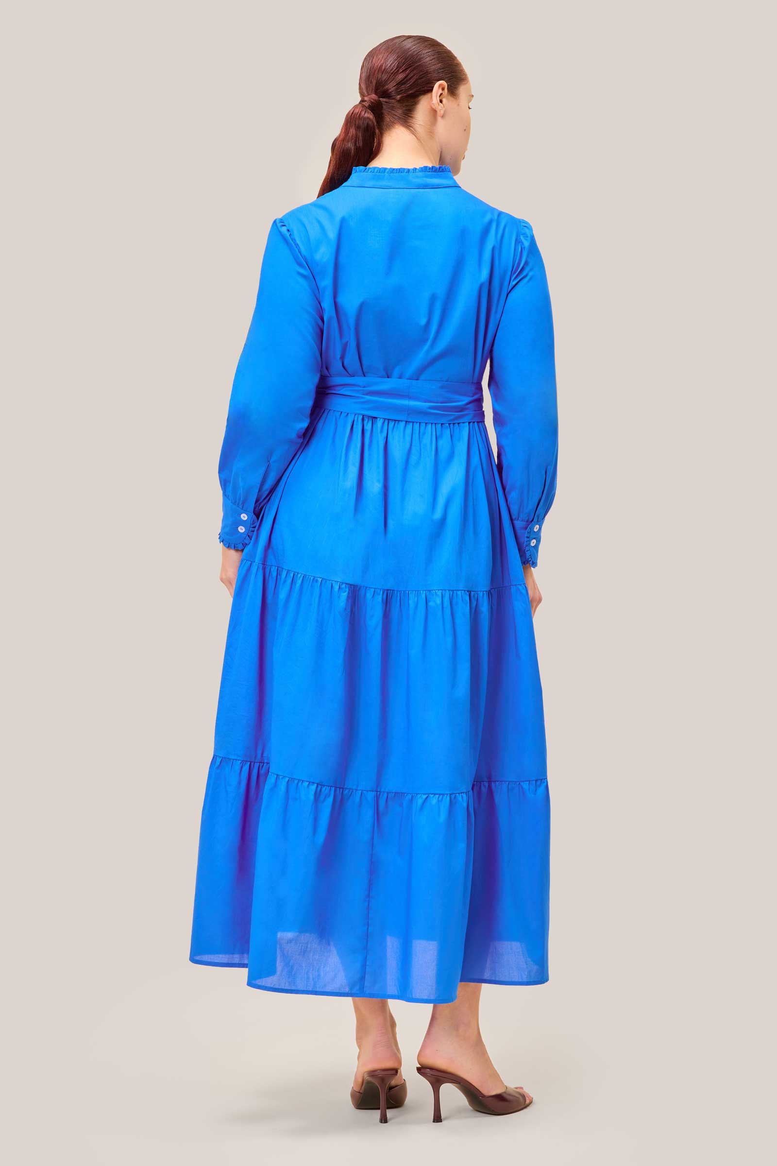 Back view of plus-size Liberty Royal Blue tiered dress for women UK10–28 | THE HOUR