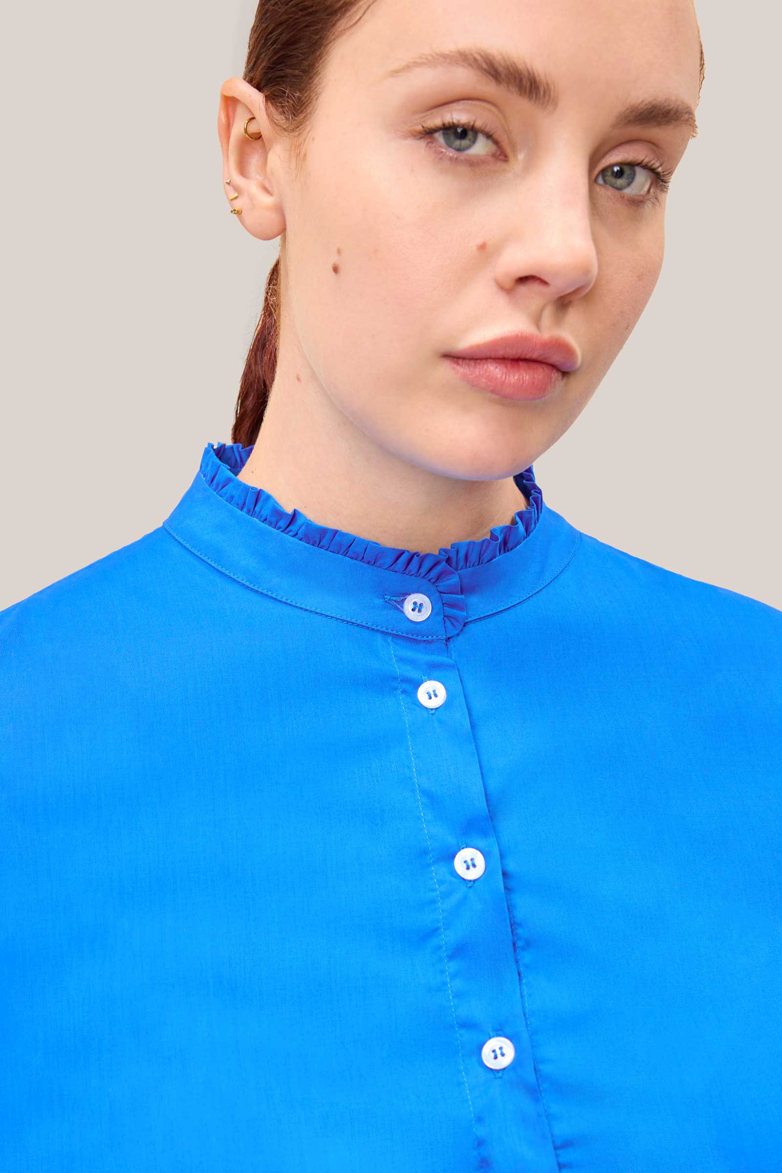 Frill collar and button detail on Liberty Royal Blue cotton maxi dress
