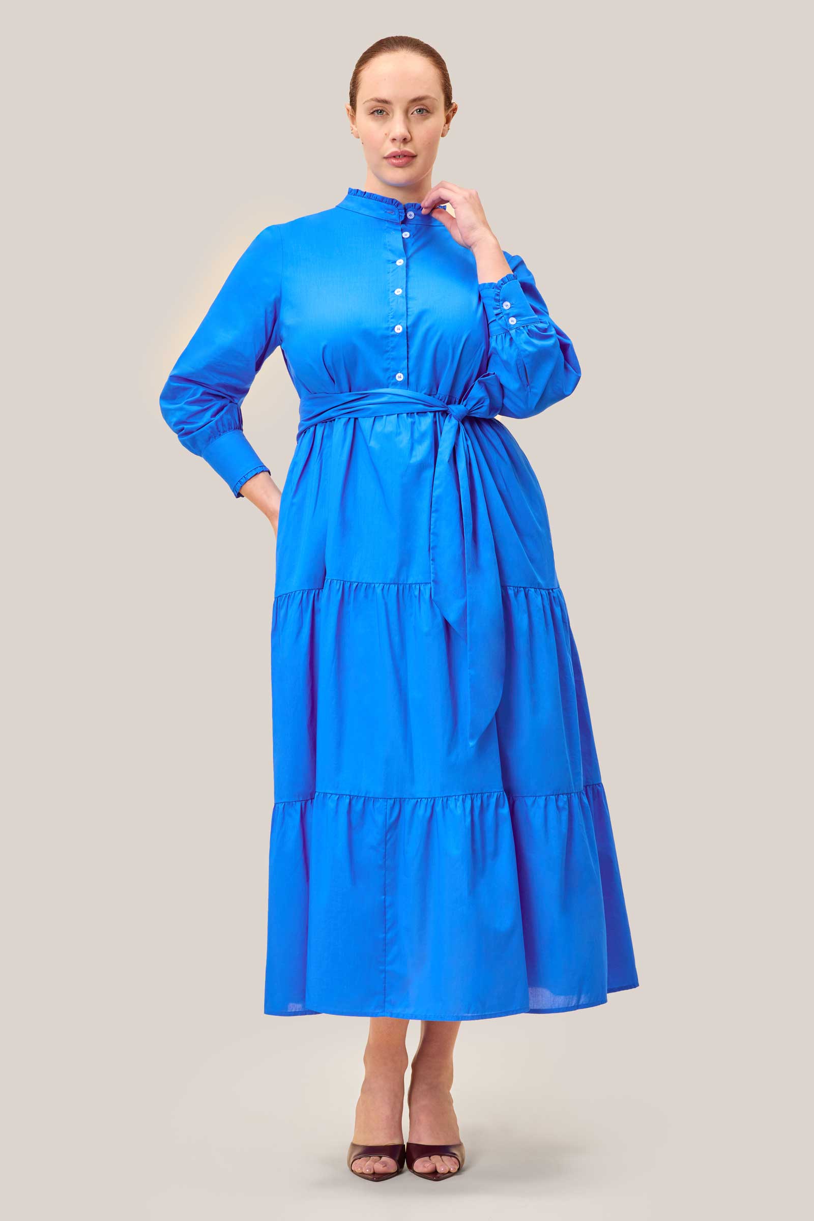 Front view of plus-size model wearing Royal Blue Liberty tiered cotton maxi dress – The Hour