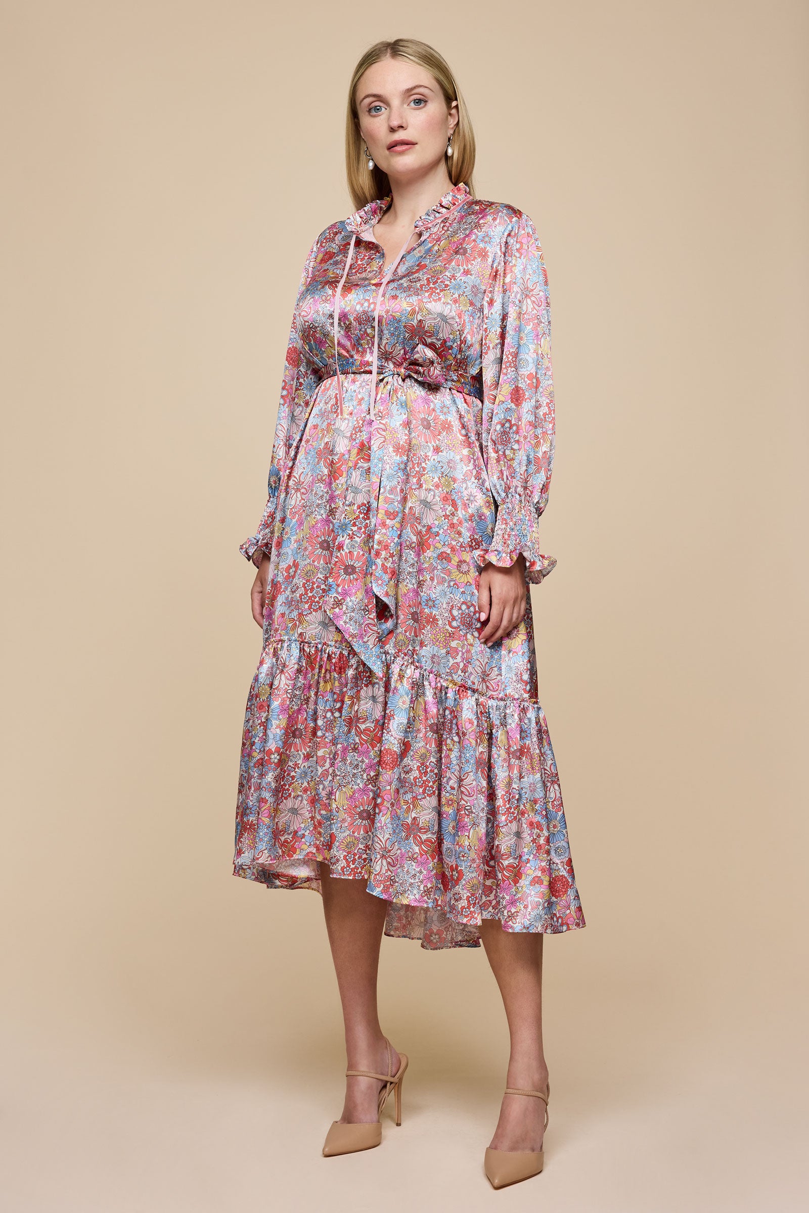 Rainbow Garden Pink Midi Dress  front THE HOUR X LIBERTY