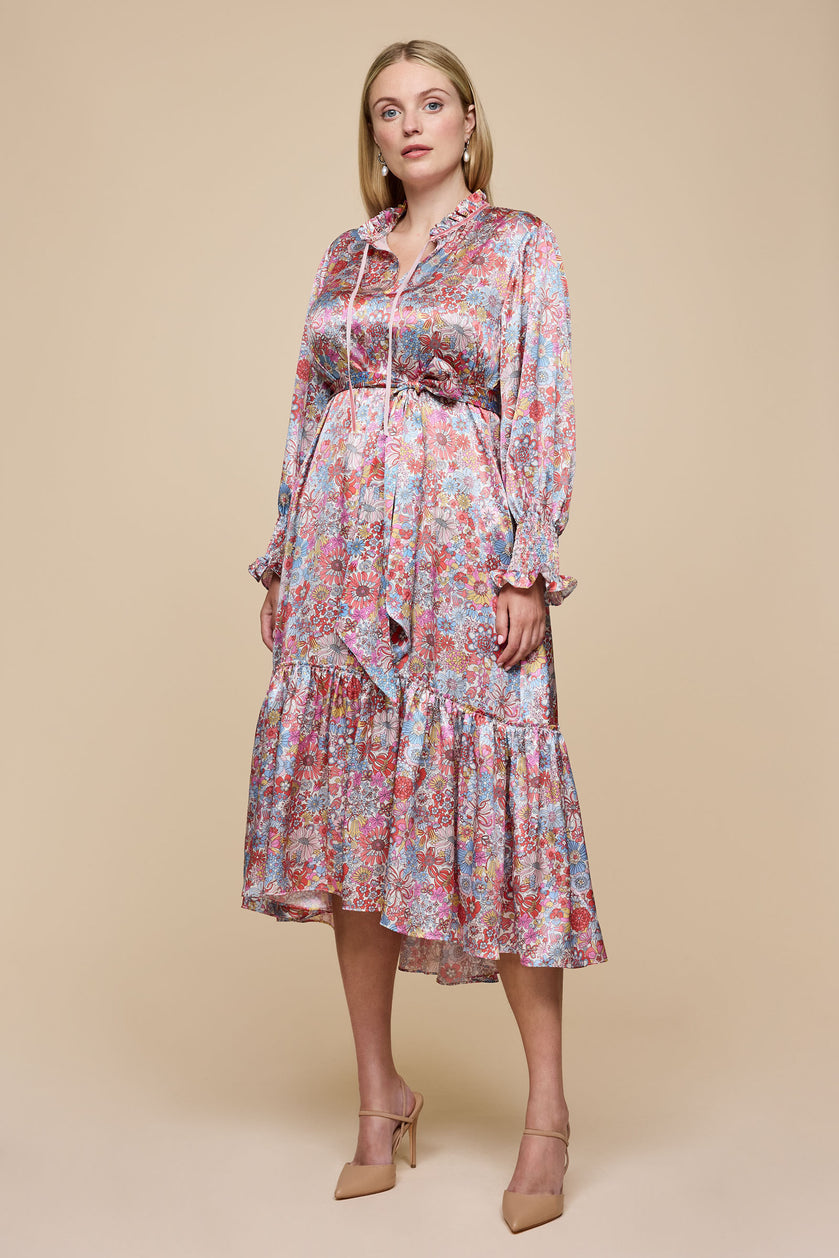 Rainbow Garden Pink Midi Dress  front THE HOUR X LIBERTY