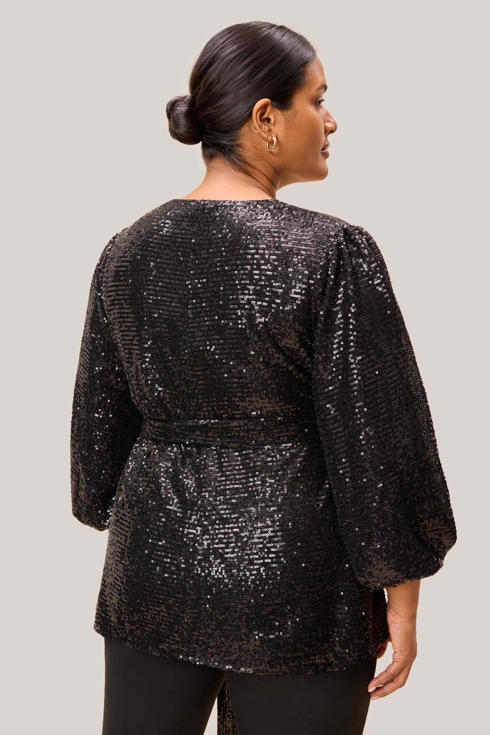 Side  & back view of a black sequined blouse on a plus-size model, eveningwear by The Hour.