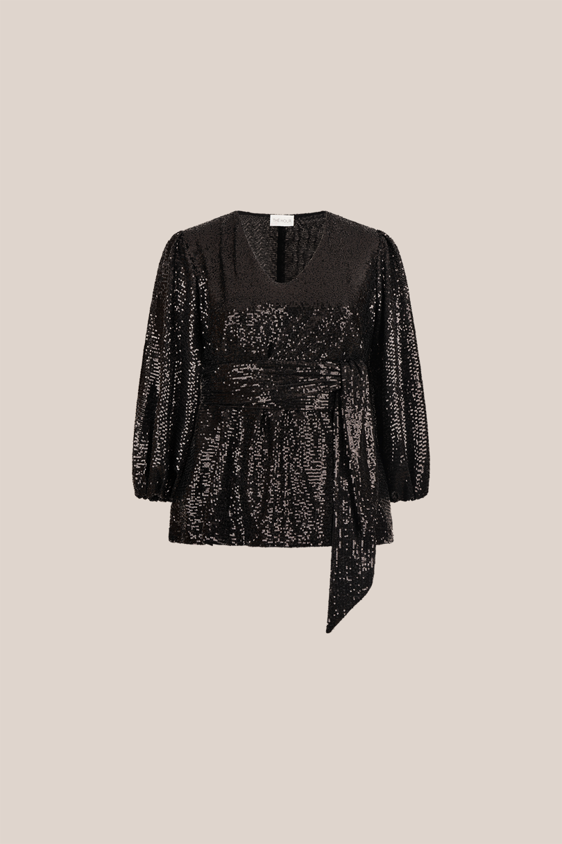 Women's plus-size black sequined blouse with V-neck and blouson sleeves, evening wear THE HOUR