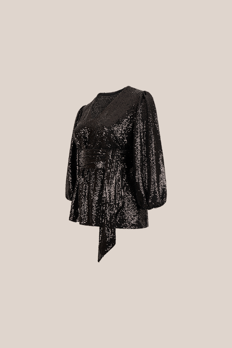 Flattering plus-size black sequined blouse with sparkling details and romantic blouson sleeves THE HOUR