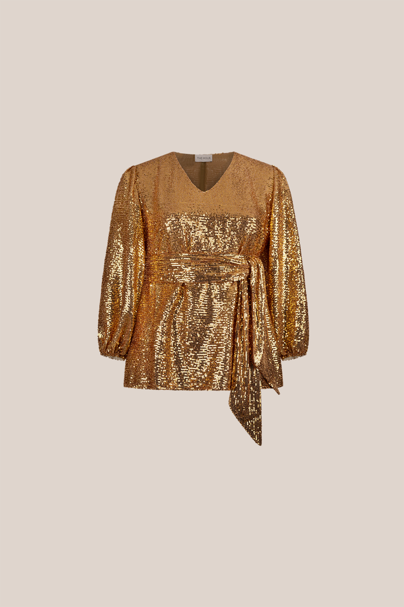 Women's plus-size gold sequined blouse with V-neck and blouson sleeves, evening wear THE HOUR