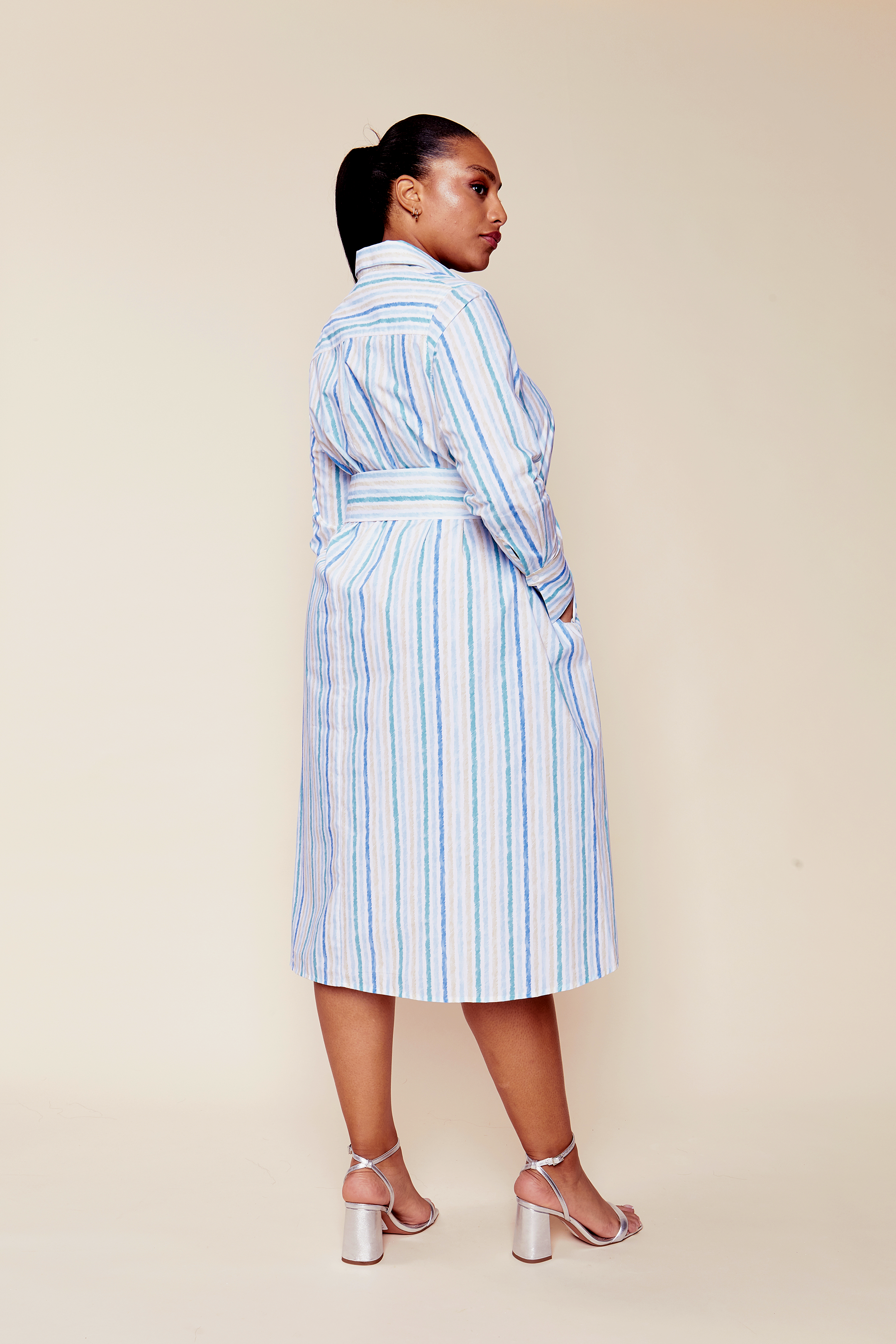 Plus-size Striped Cotton-poplin Shirt Dress  is made from luxurious Italian cotton poplin in A-line shape, from back. The Hour