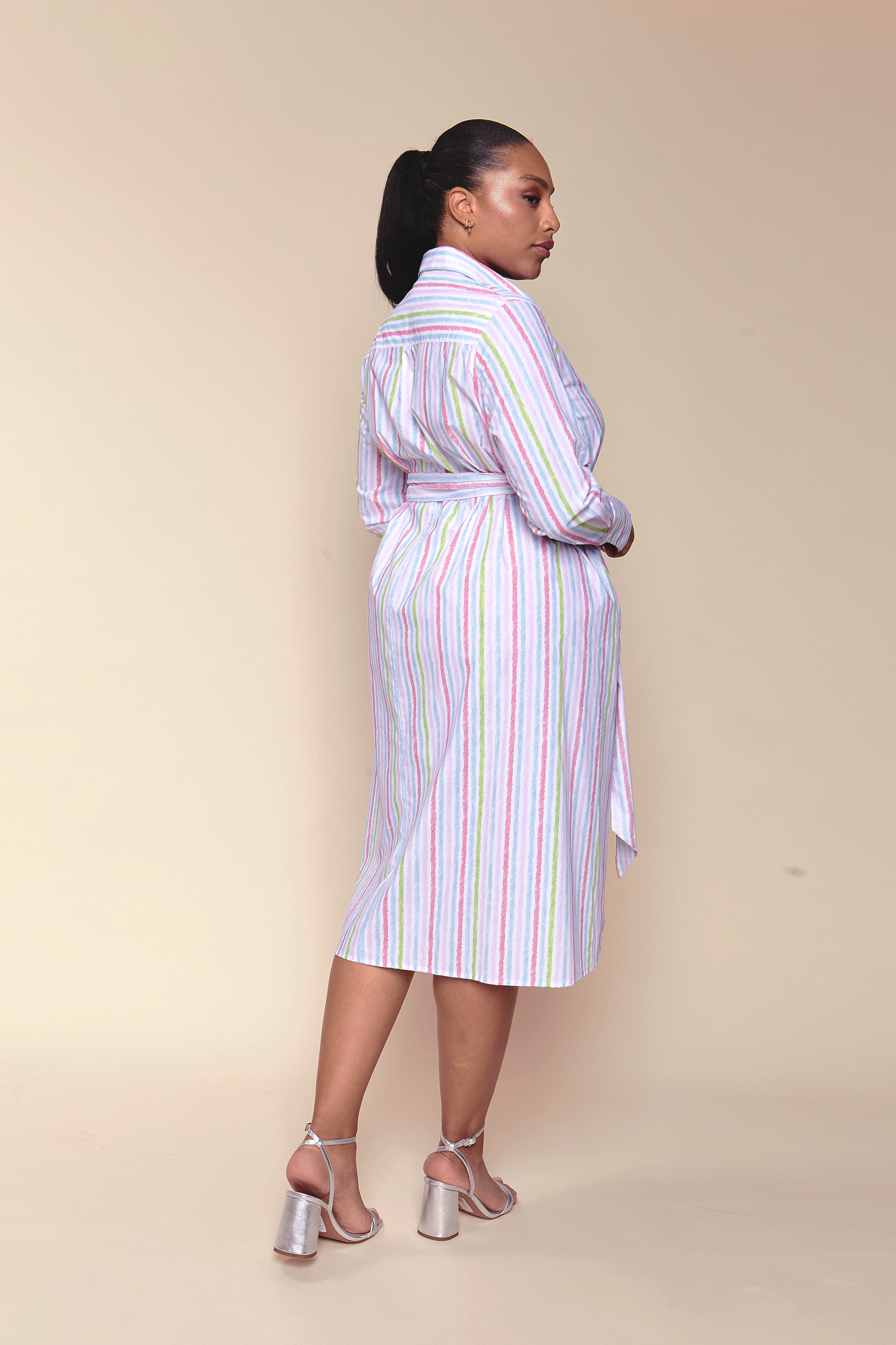 Striped Cotton Poplin Plus size Shirt Dress in Pink ,THE HOUR, from the back,