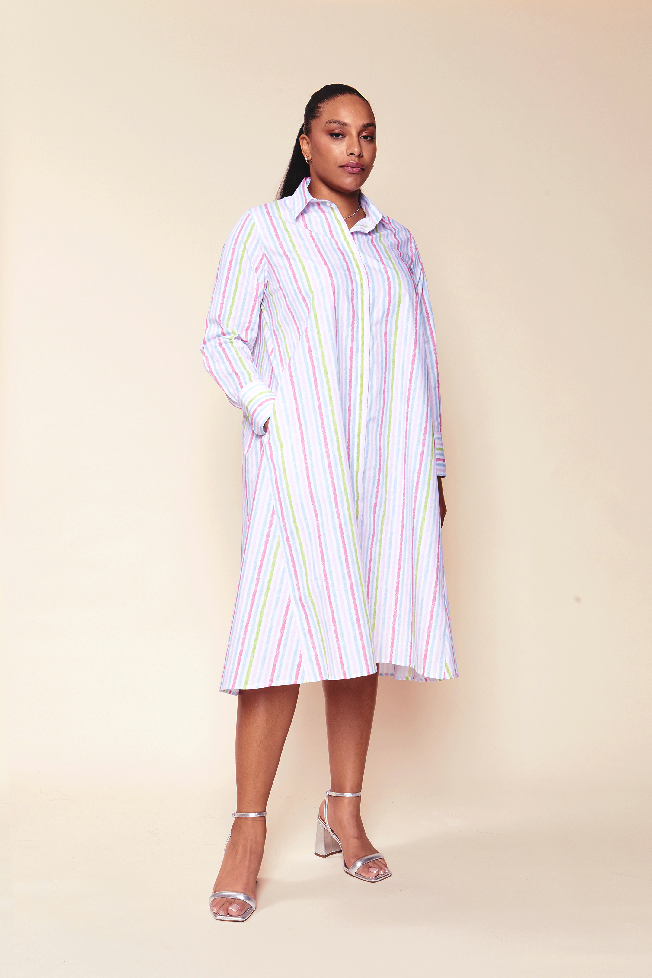 Striped Cotton Poplin Shirt Dress in Pink THE HOUR, PLUS-SIZE