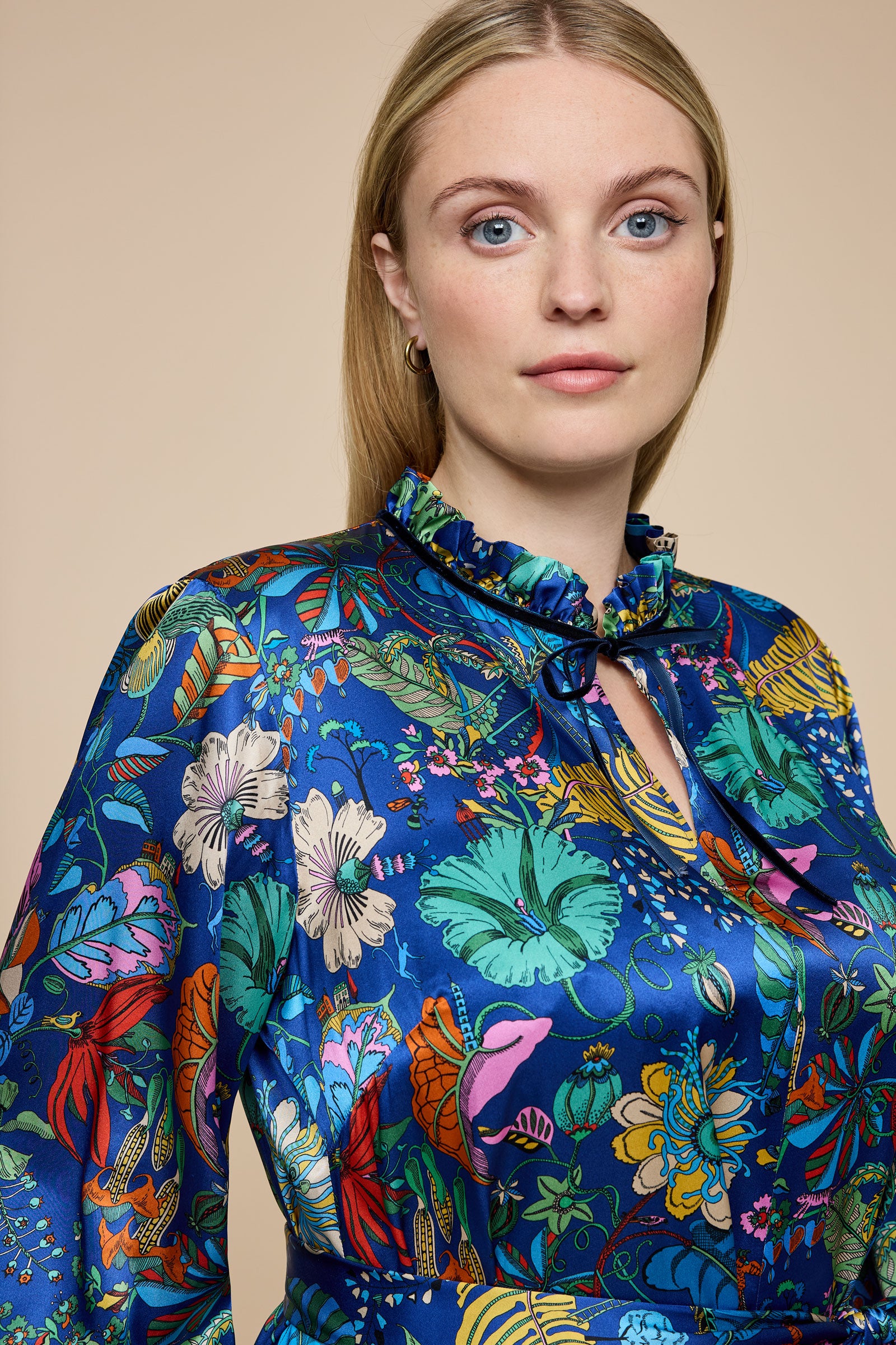 THE HOUR Blue Fantasy Land dress plus-size made with Liberty Fabrics Frilled necklinee
