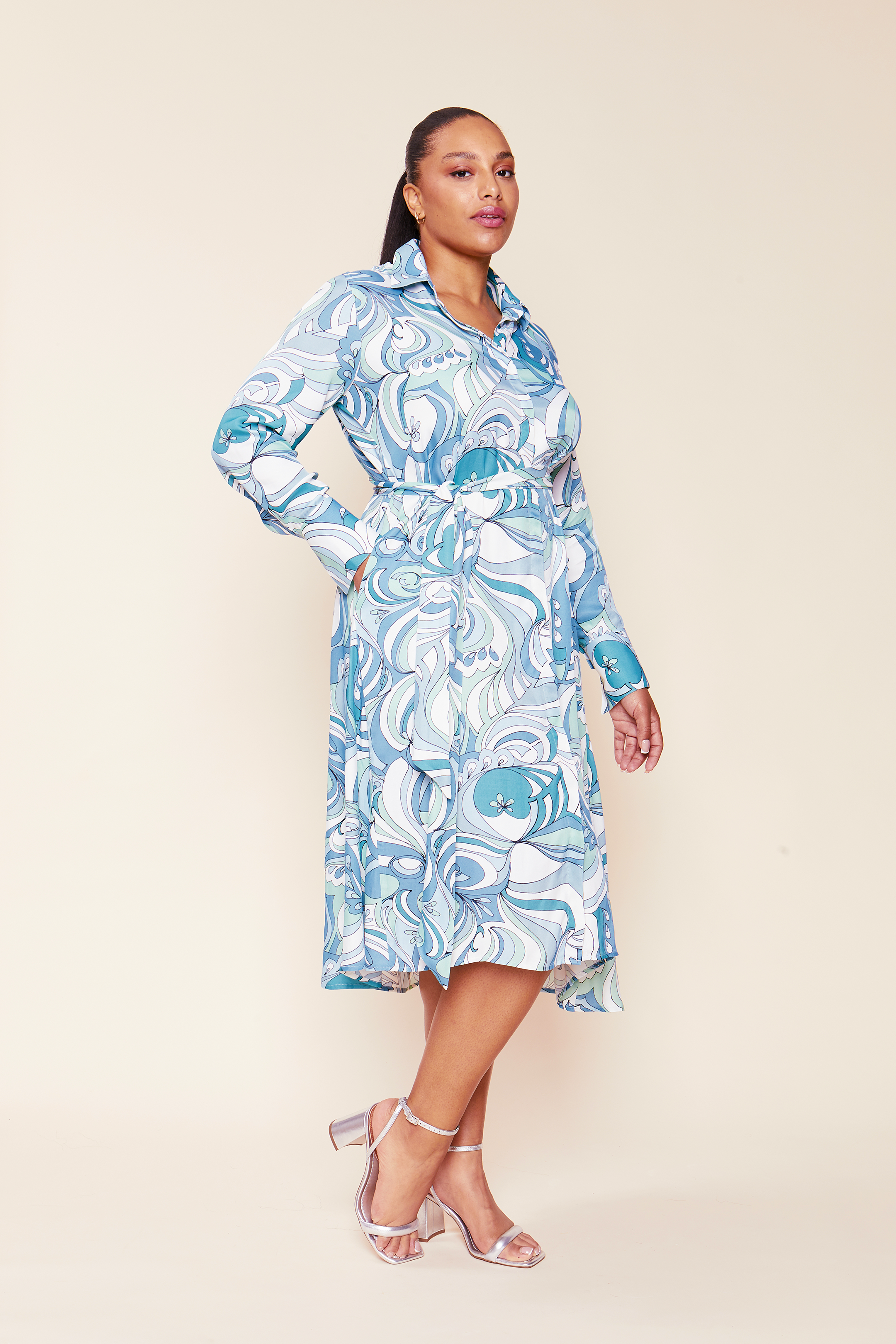 Vibrant Print Plus-size Shirt Dress satin viscose with a swirling print in an aqua colour pallet. Pretty dress.THE HOUR