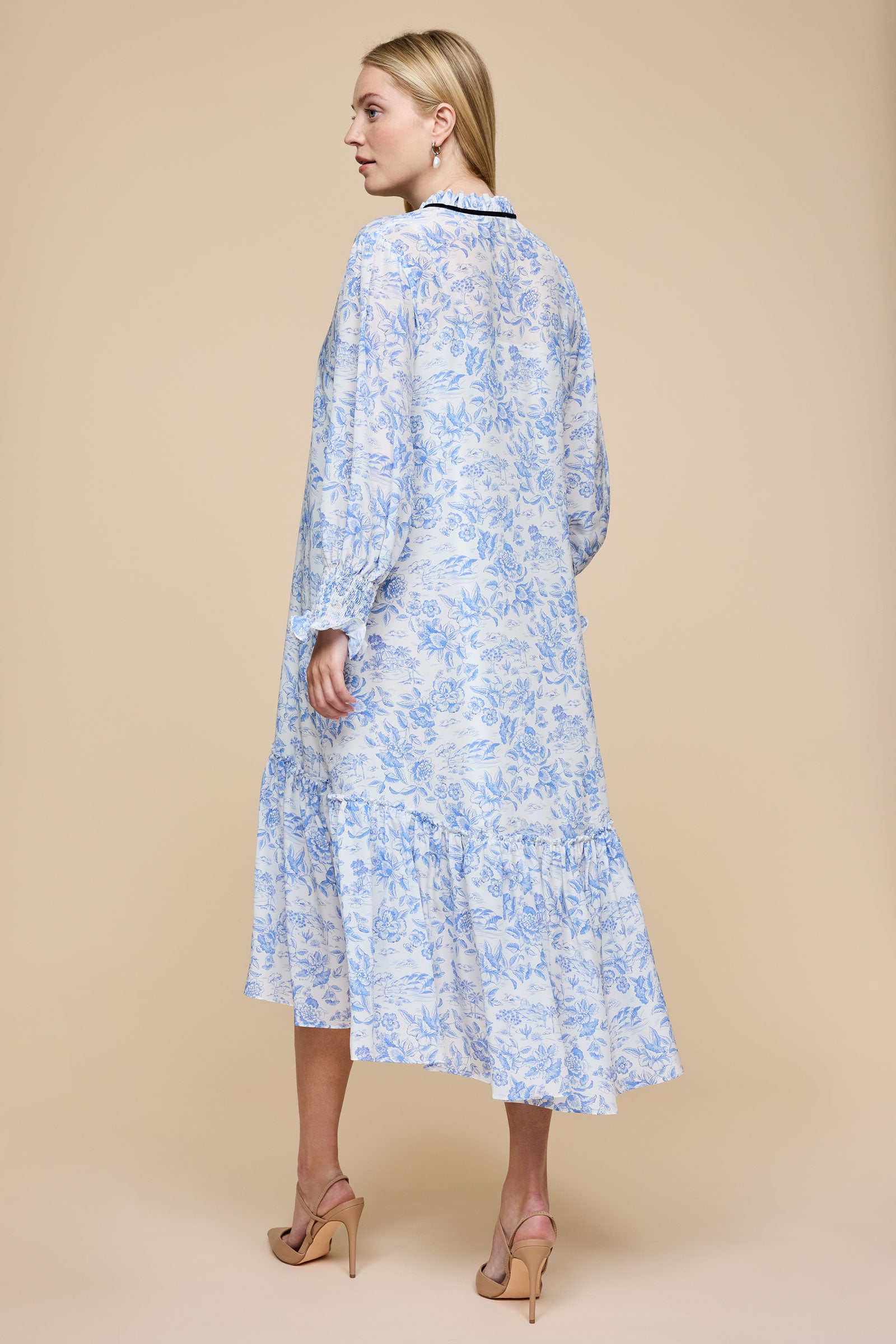 White and Blue Liberty Silk Midi Dress back