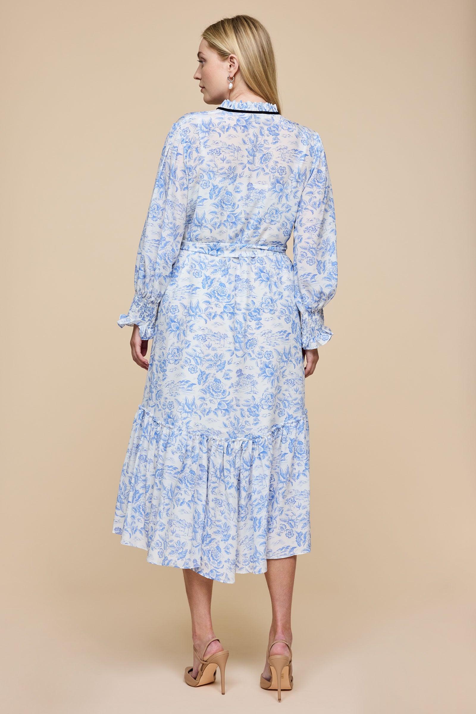 White and Blue Liberty Silk Midi Dress back belted