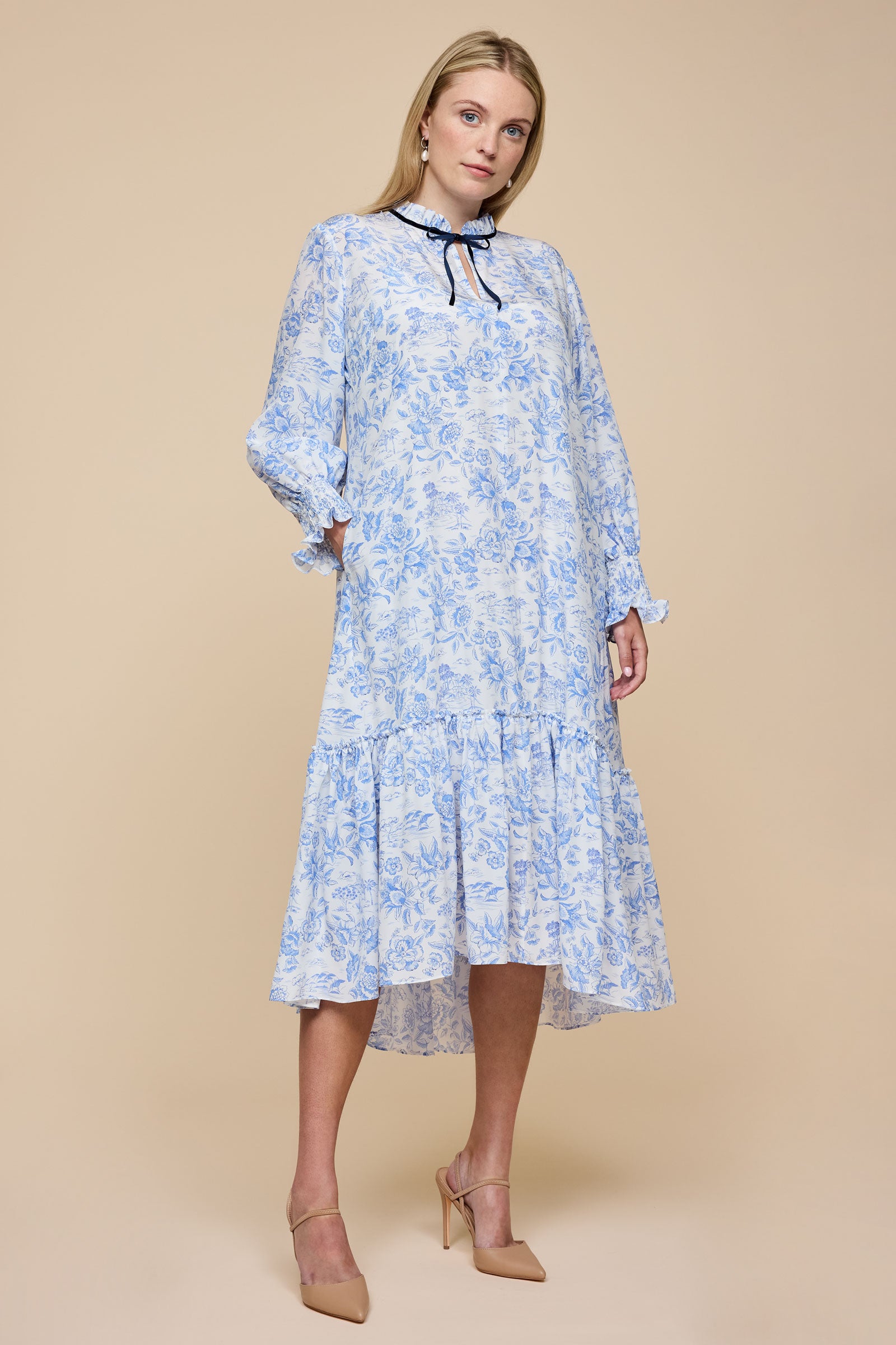 White and Blue Liberty Silk Midi Dress  front  without the belt
