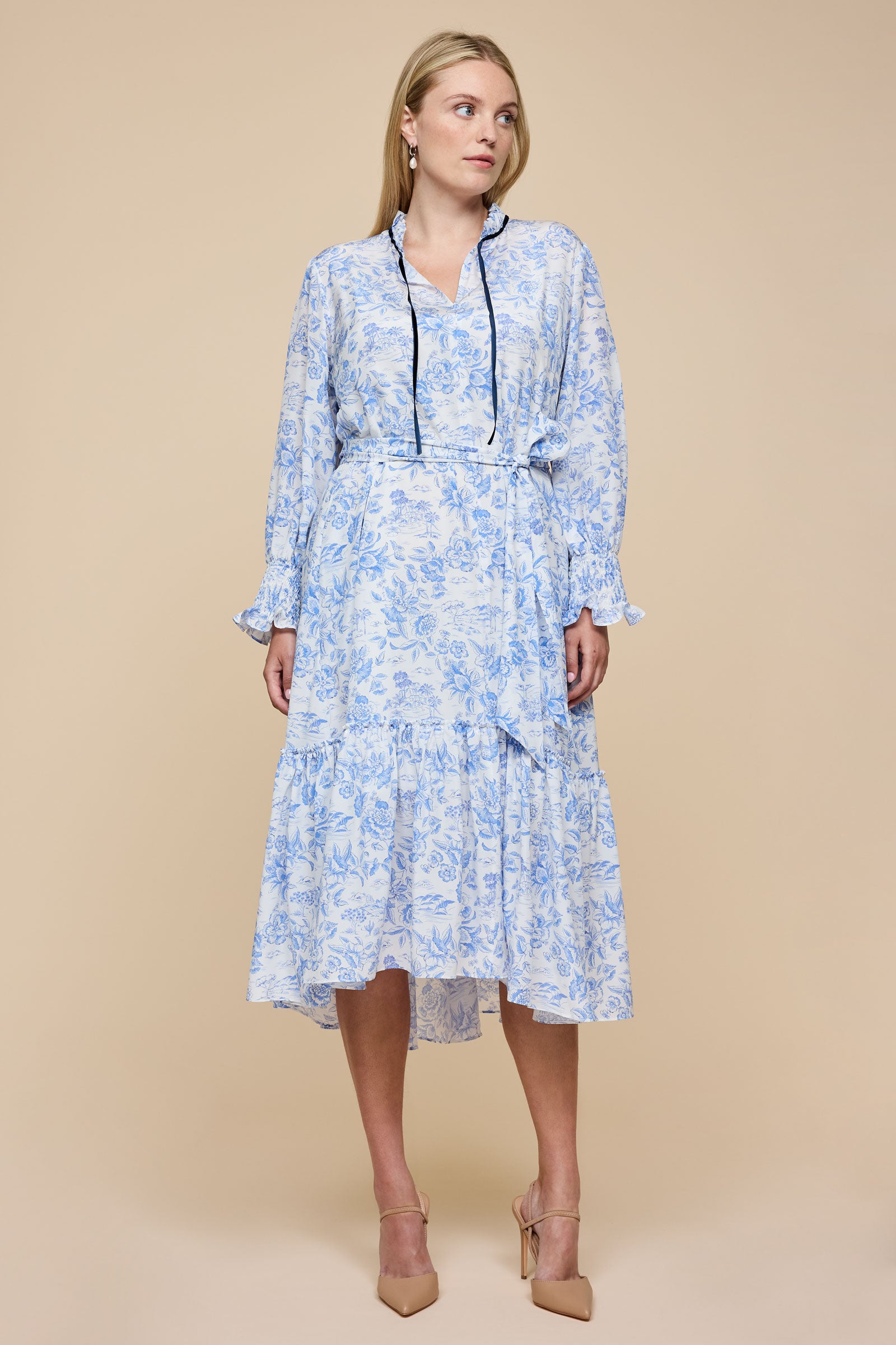 White and Blue Liberty Silk Midi Dress Plus-size THE HOUR front