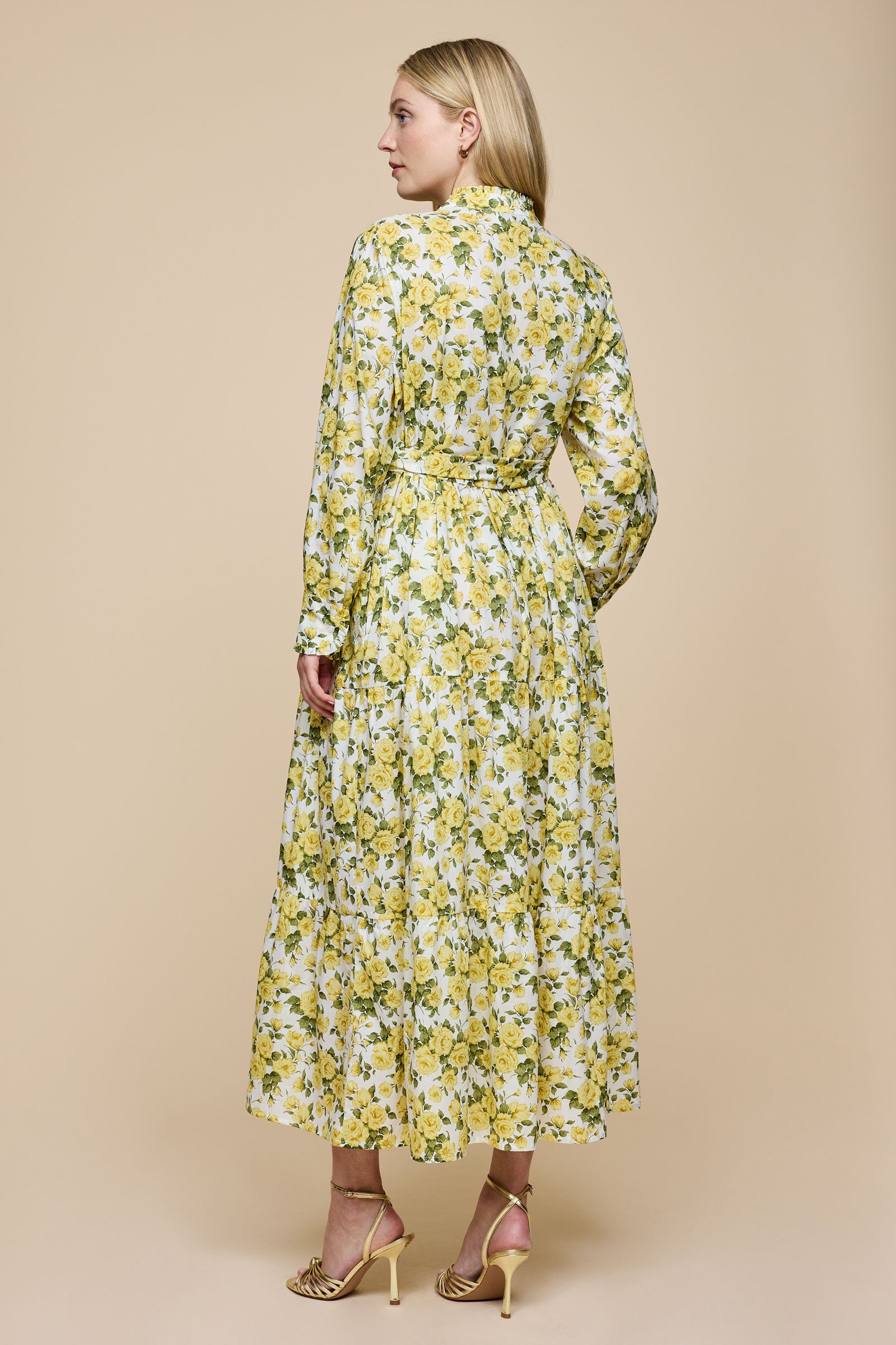 Belted Plus size Tiered Maxi Dress Yellow Roses Print THE HOUR
