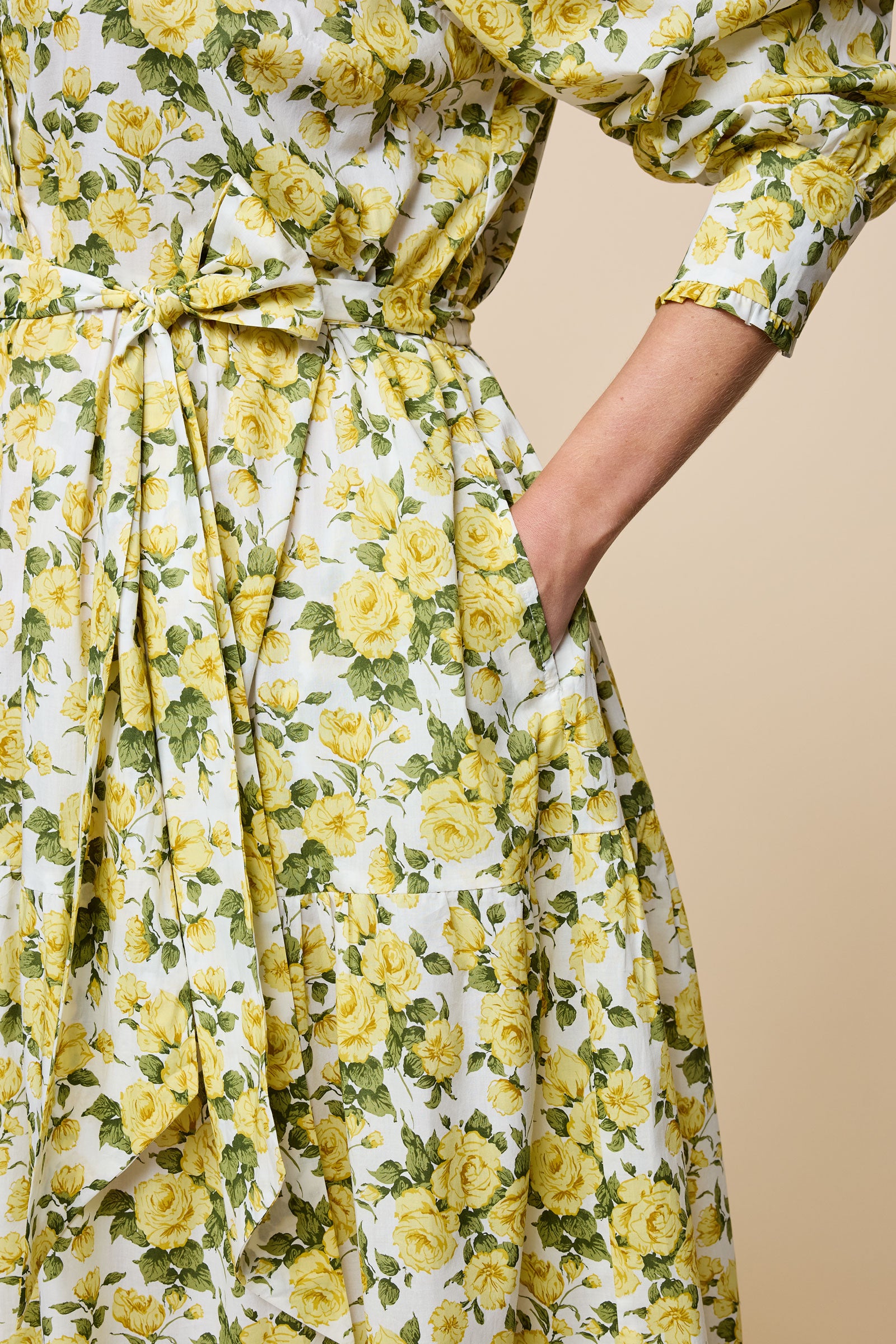 Tiered Maxi Dress Yellow Roses Print THE HOUR