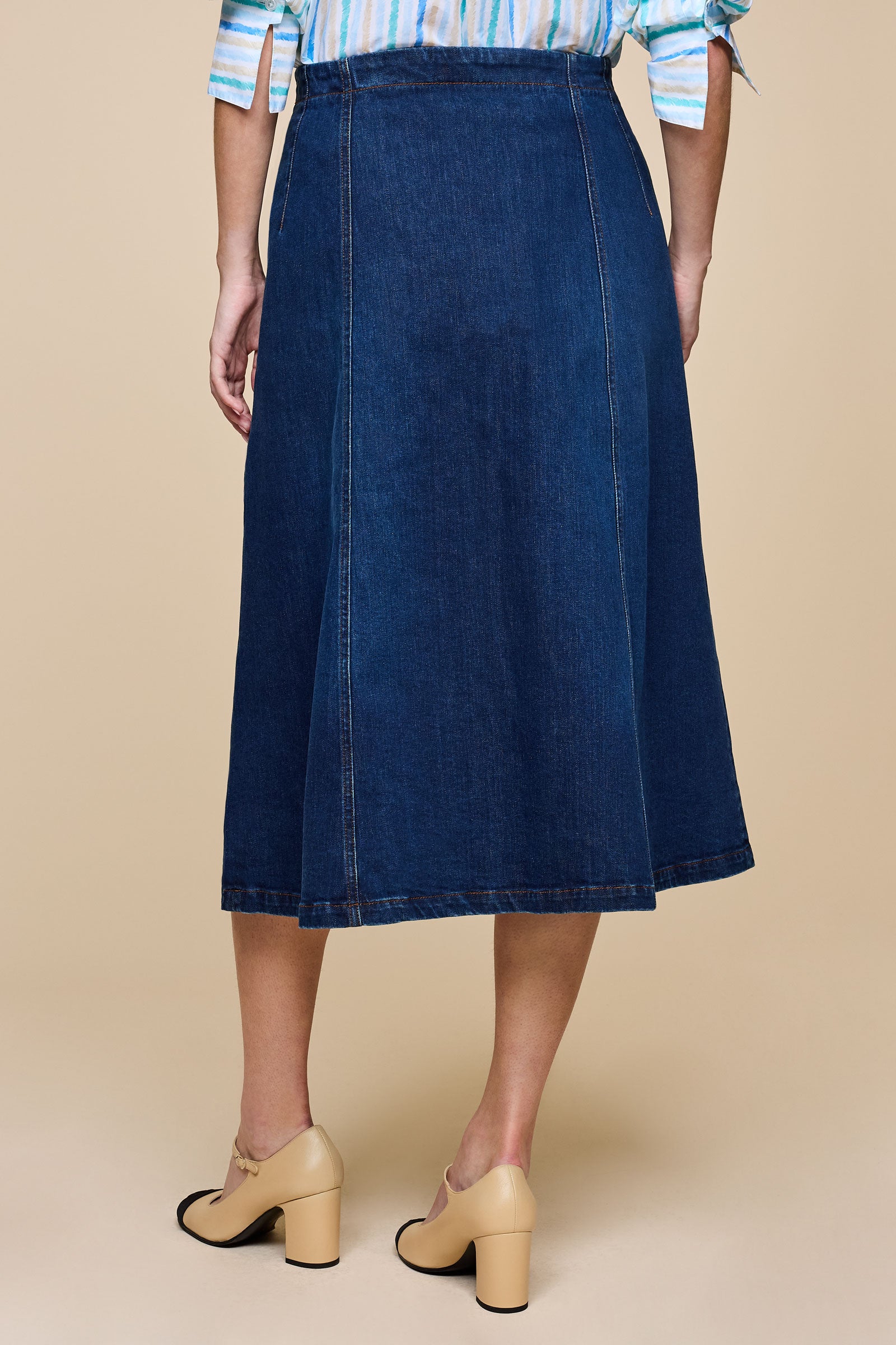 Back view of The Hour plus size denim skirt