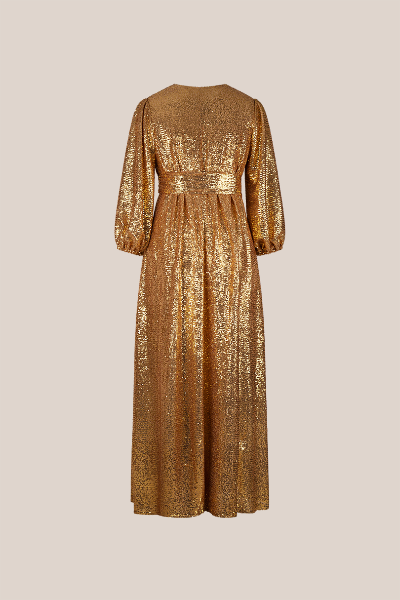 Long Gold Sequined Gown for evening by THE HOUR