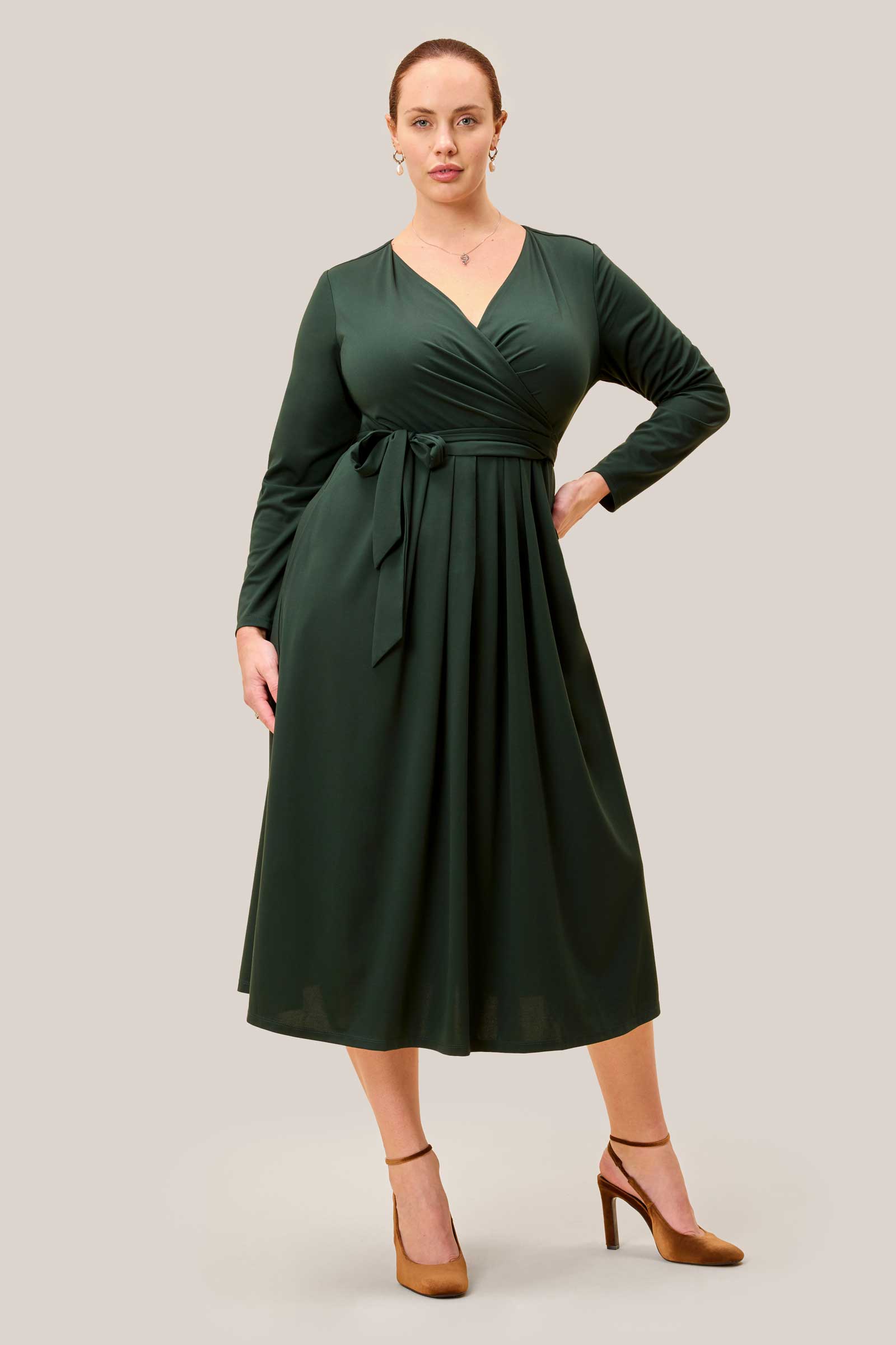 Plus size olive green faux wrap jersey midi dress with tie belt – The Hour