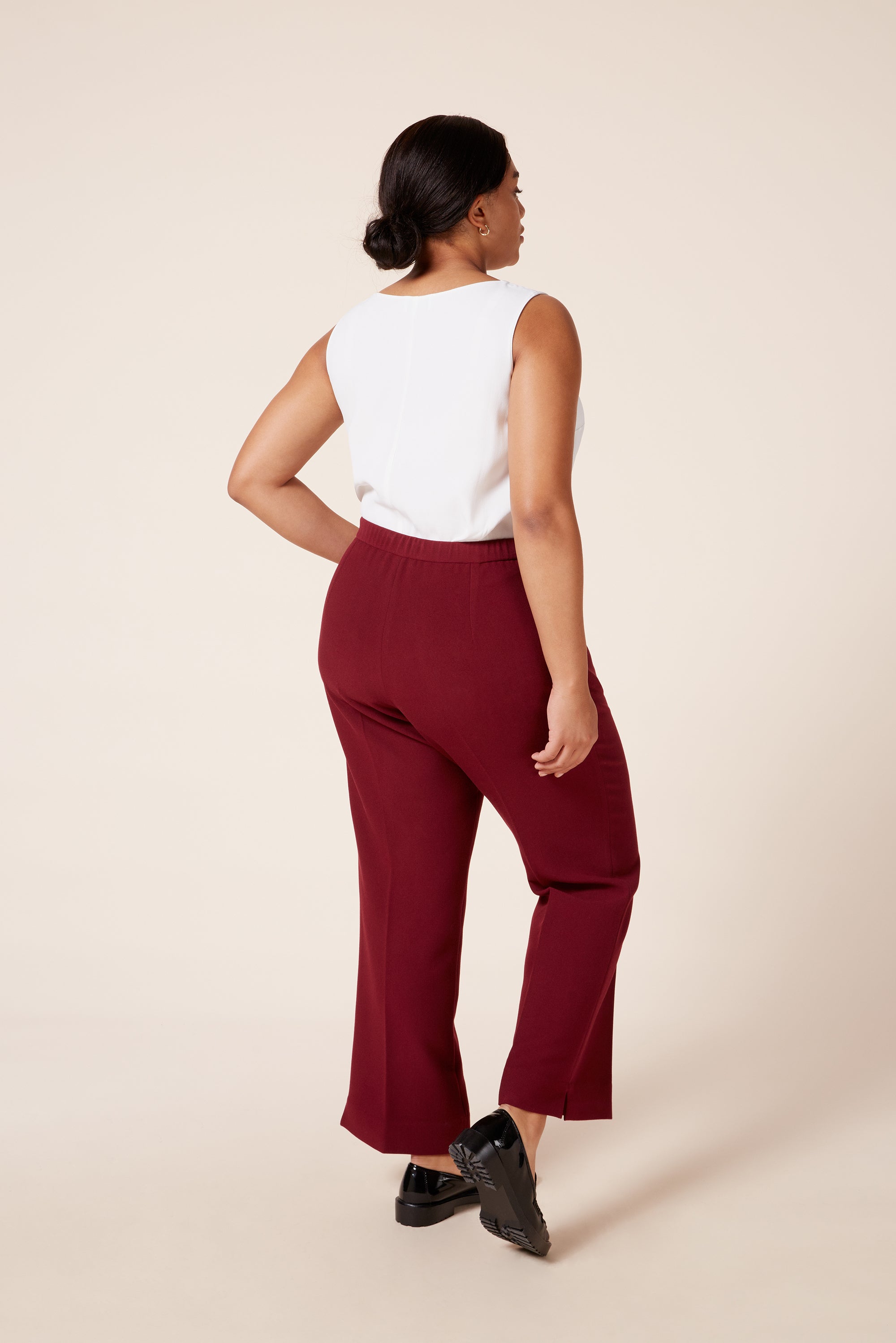 Plus size Burgundy Full-Length High-Waist Trousers with Straight Leg Cut