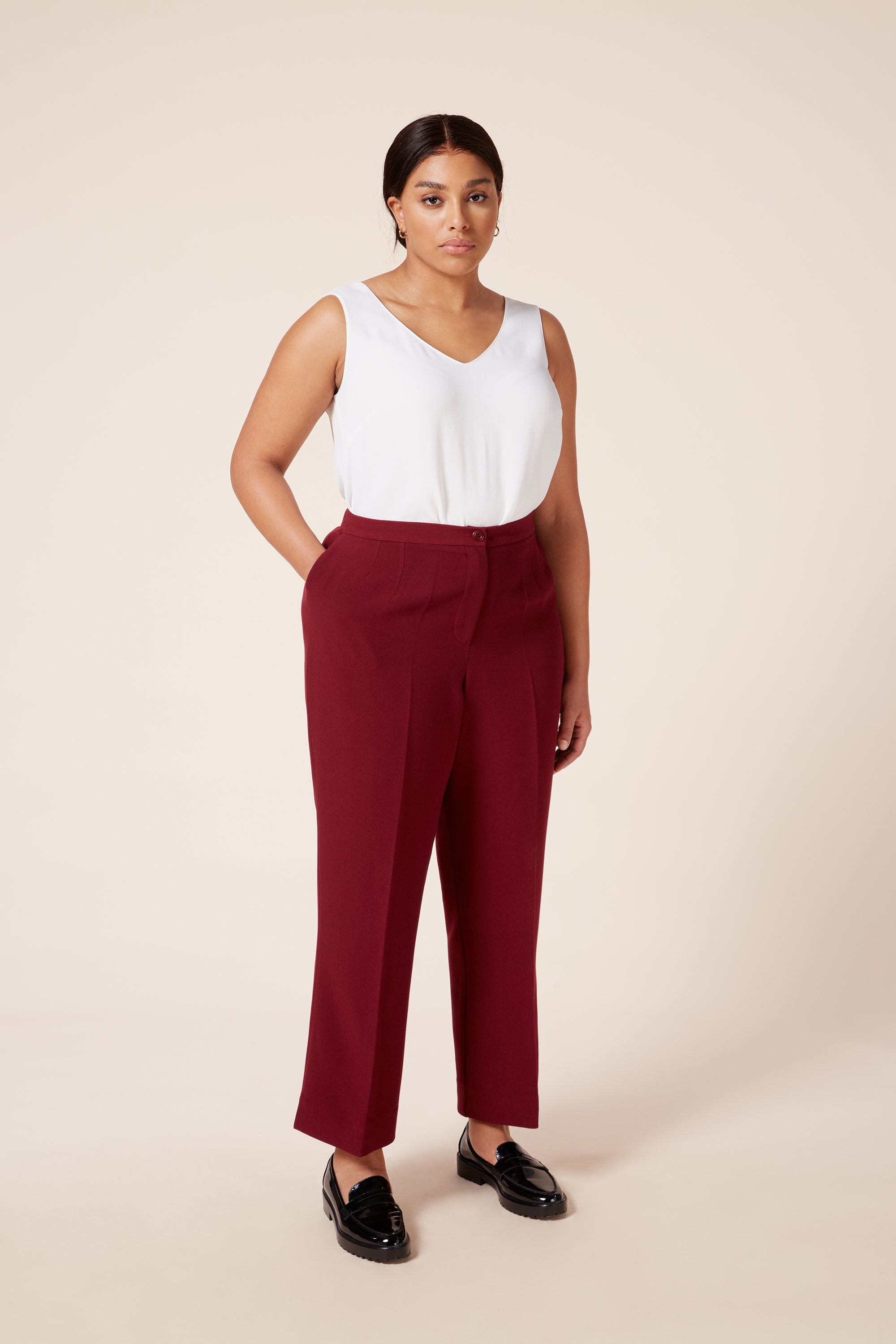 Plus size Burgundy Full-Length High-Waist Trousers with Straight Leg Cut