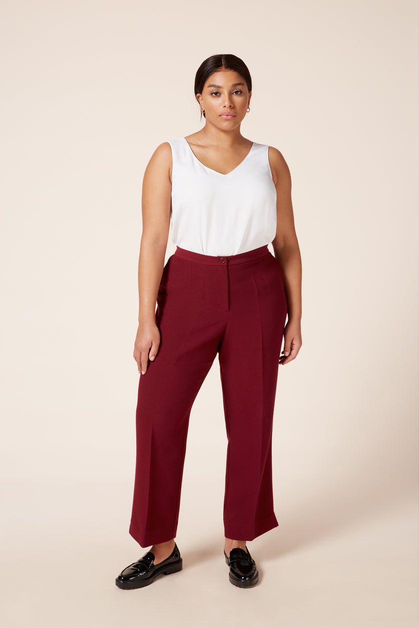 Plus size Burgundy Full-Length High-Waist Trousers with Straight Leg Cut