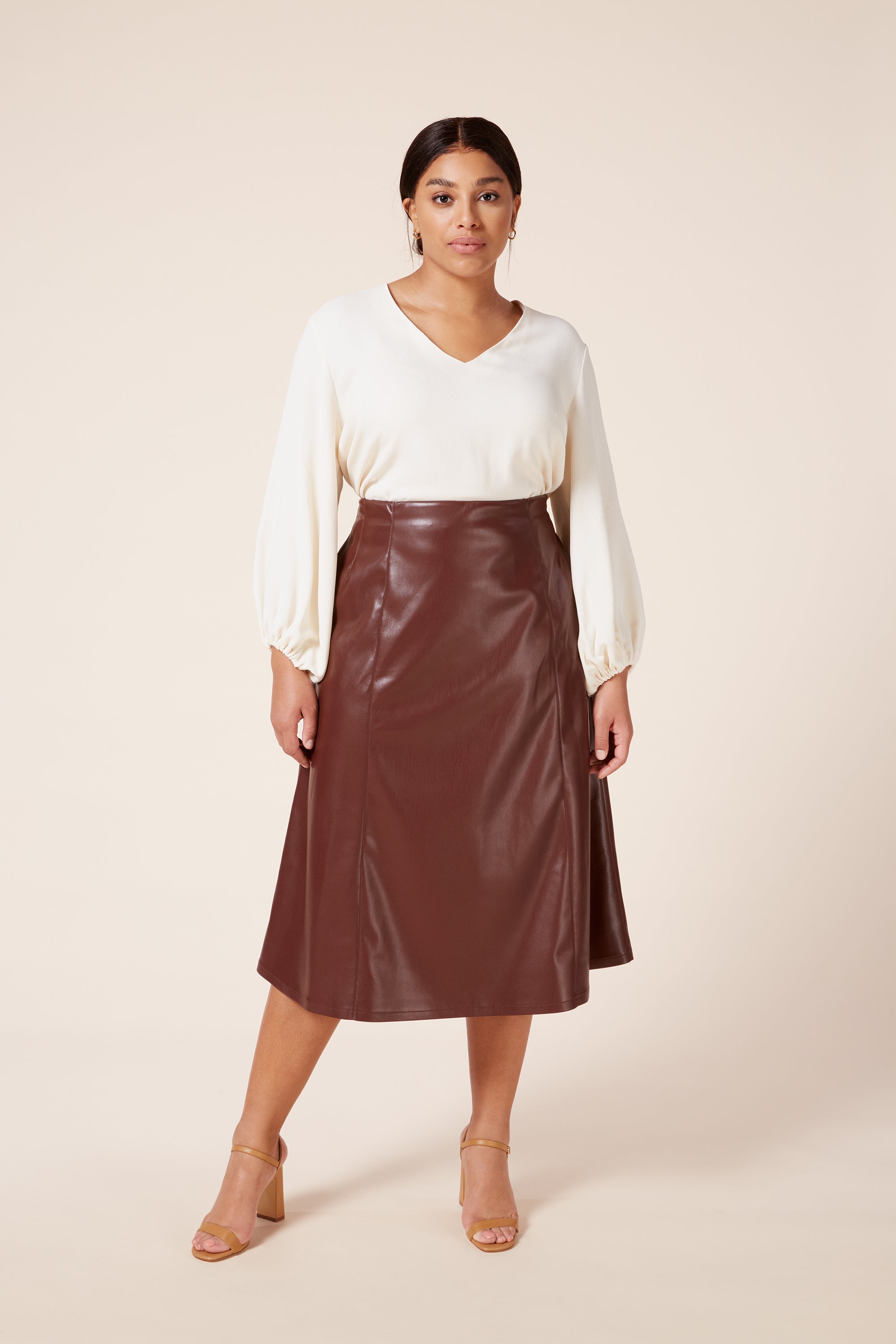 Italian Vegan Leather A-Line Midi Plus Size Skirt with Concealed Side Zip
