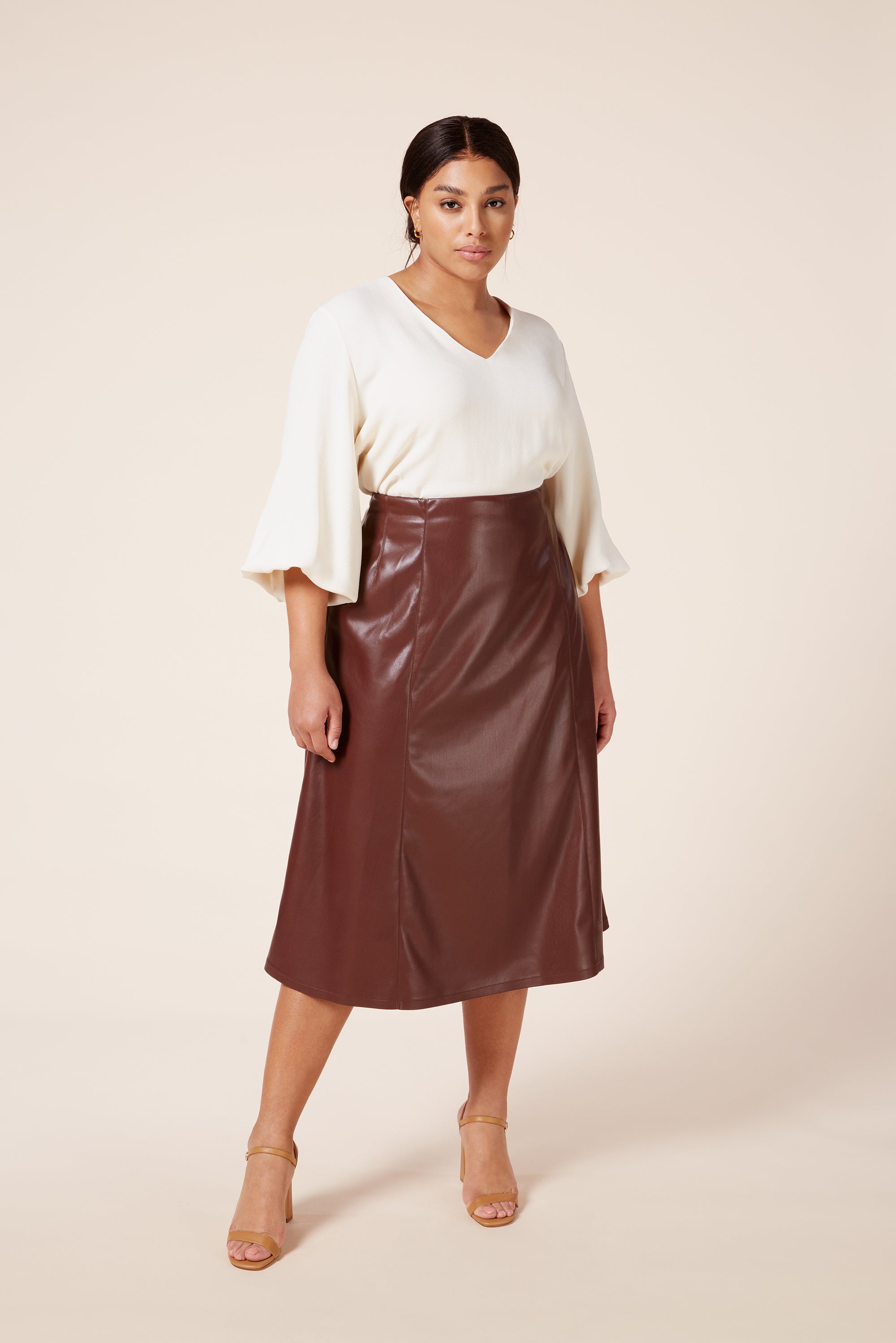 Italian Vegan Leather A-Line Midi Plus Size Skirt with Concealed Side Zip